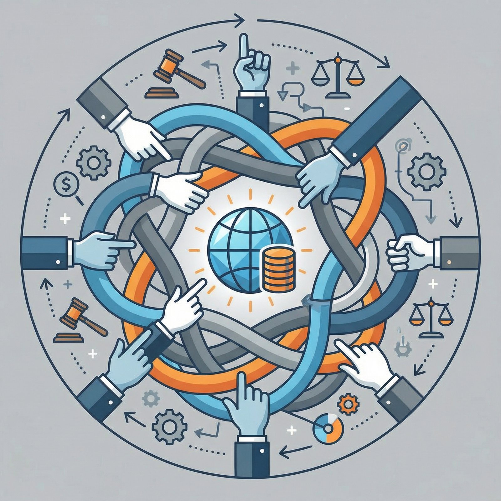 A chaotic and intricate legal scene with many hands reaching for a central asset, symbolizing the various creditors vying for Venezuelan assets. The style should be modern, clean infographic. Aspect ratio 1:1, no visible text.
