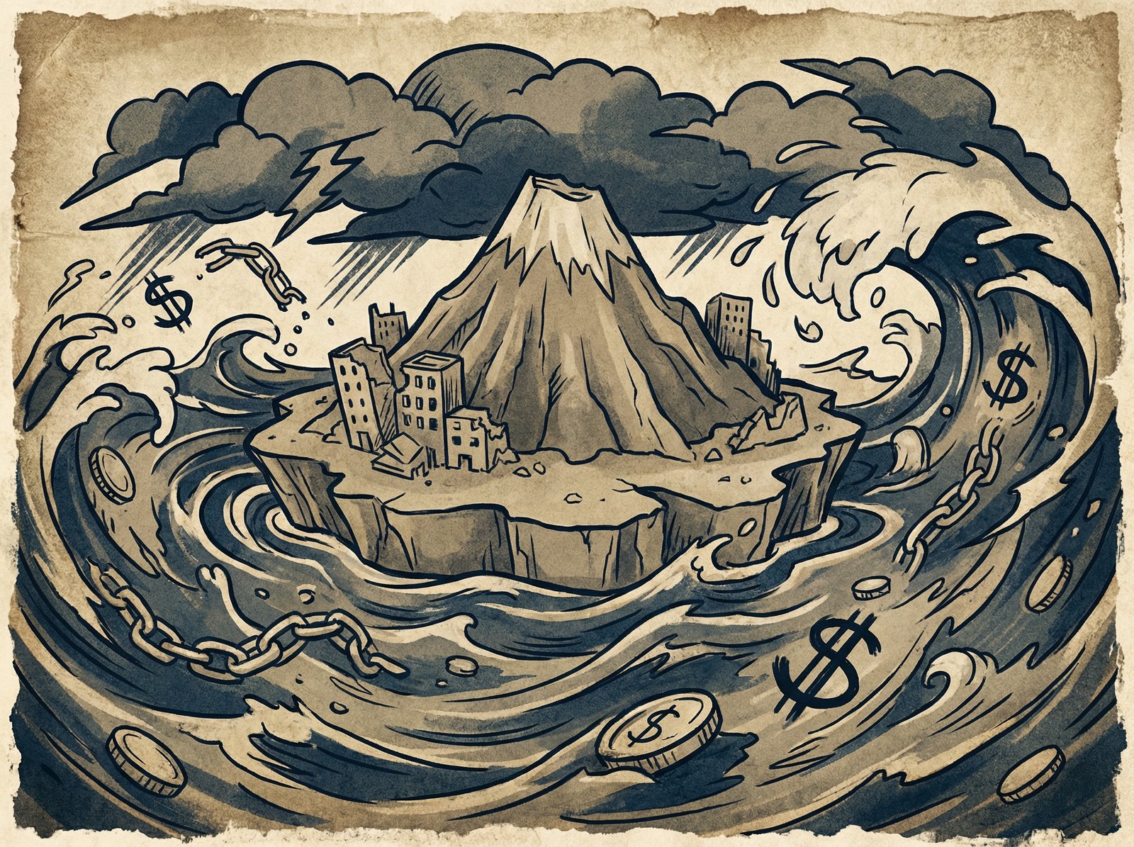 An illustration of Venezuela as a small island nation isolated from global financial and political systems, surrounded by stormy seas with symbols of sanctions and debt. Artistic rendering, textured background. Aspect ratio 4:3, no visible text.