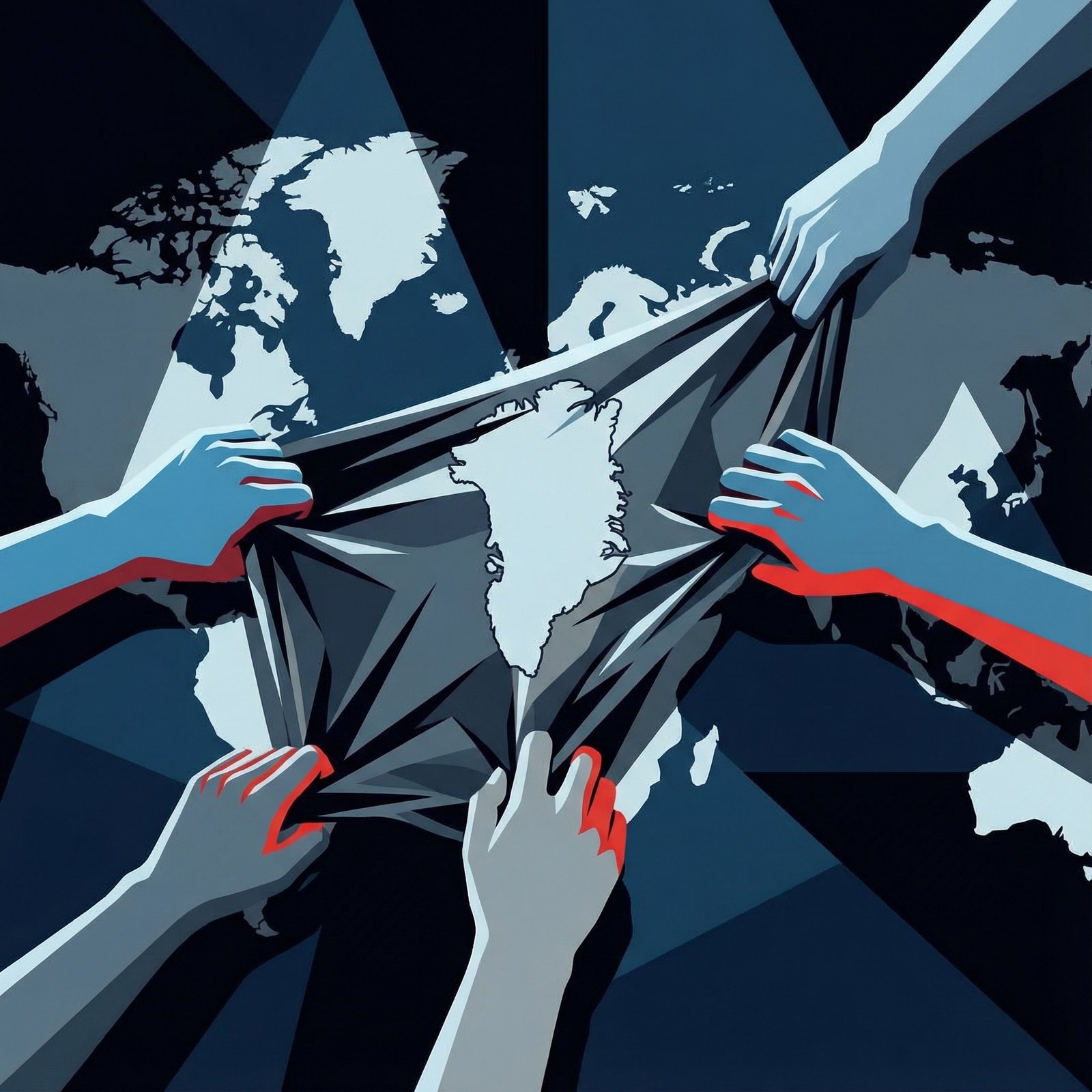 A symbolic illustration of global political tensions, with hands representing different nations tugging at a world map, focusing on an area like Greenland. Modern layout, high contrast, 1:1 aspect ratio, no visible text.