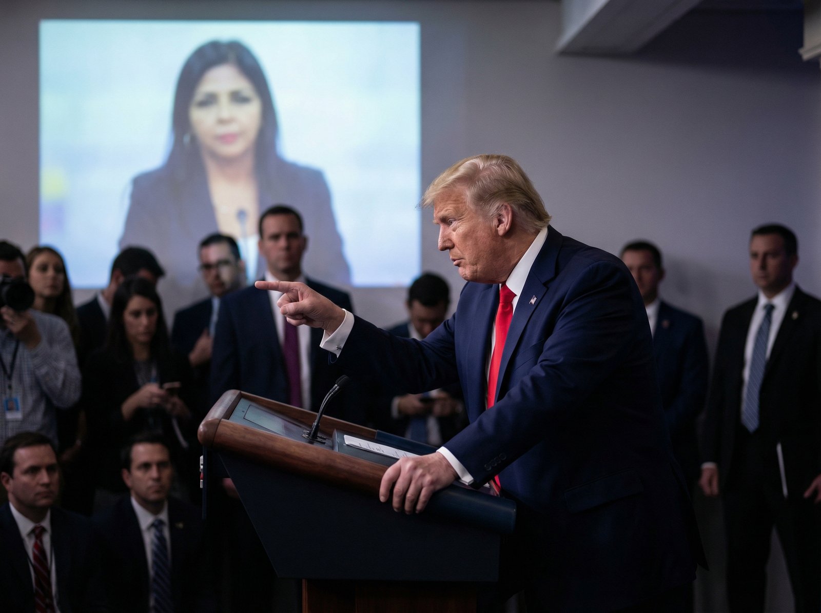 Donald Trump, a former US president, making a stern warning gesture while a blurred image of Delcy Rodríguez appears in the background. The scene suggests a serious diplomatic tension. Aspect ratio 4:3, no visible text.