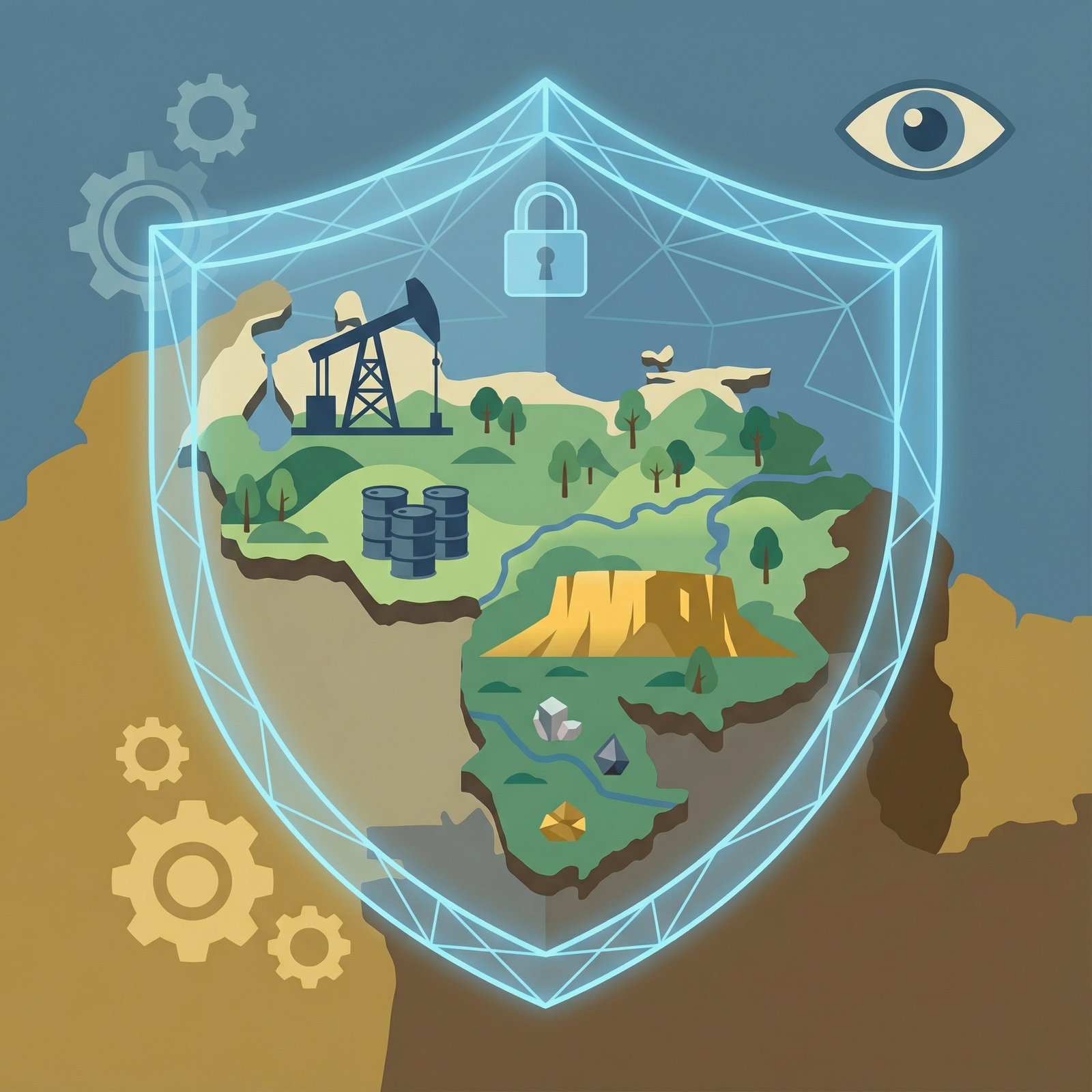 A stylized illustration depicting Venezuela's natural resources, such as oil rigs and lush landscapes, with a protective barrier around them. The art style is modern and infographic-like, conveying the idea of defense. Aspect ratio 1:1, no visible text.