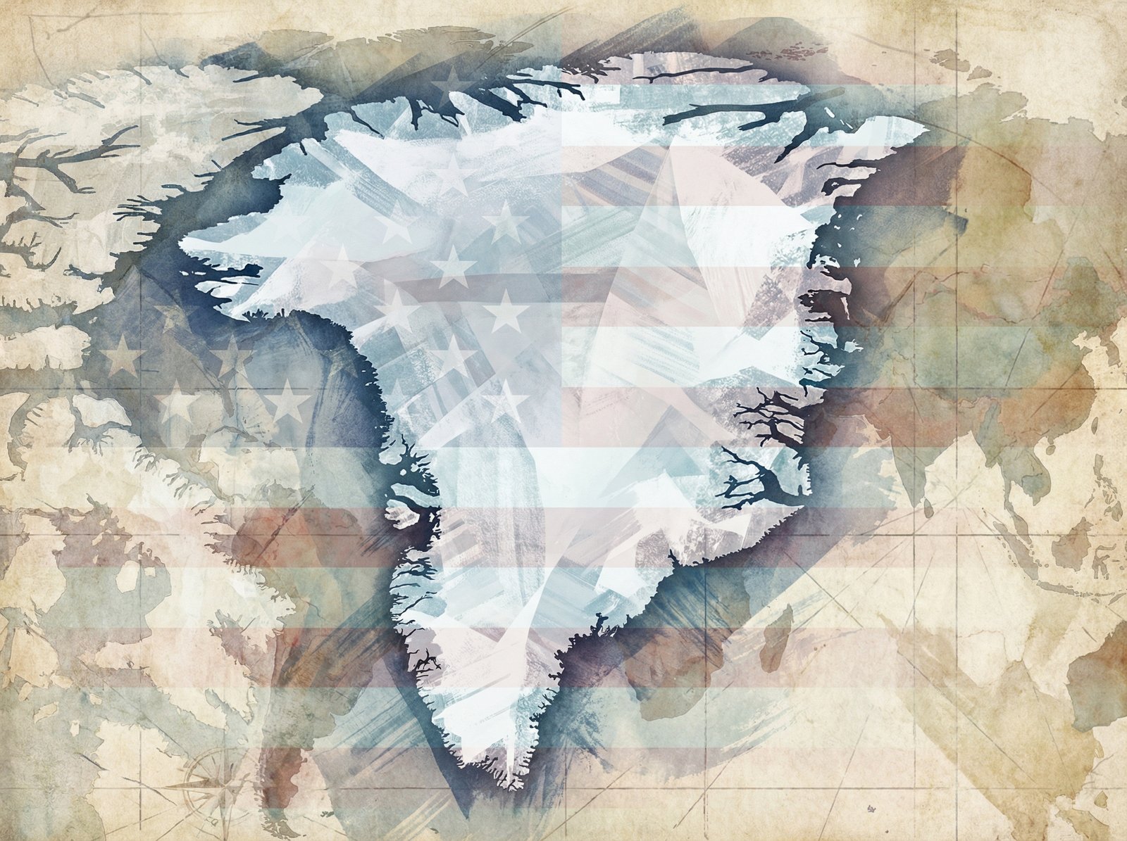An abstract map of Greenland with a subtle overlay of the American flag or star symbols, indicating strategic interest. The background has a geopolitical map texture. Aspect ratio 4:3, no visible text.