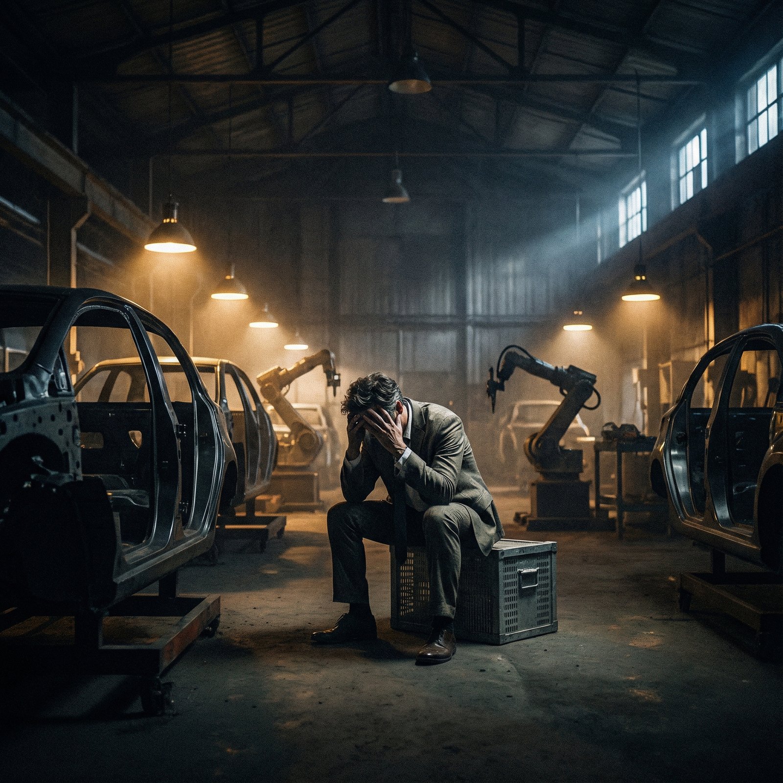 A cinematic, high-contrast photography of a stressed CEO sitting on a factory floor at night, surrounded by half-finished electric car frames and robotic arms, dim industrial lighting, moody atmosphere, 1:1 aspect ratio, no text.
