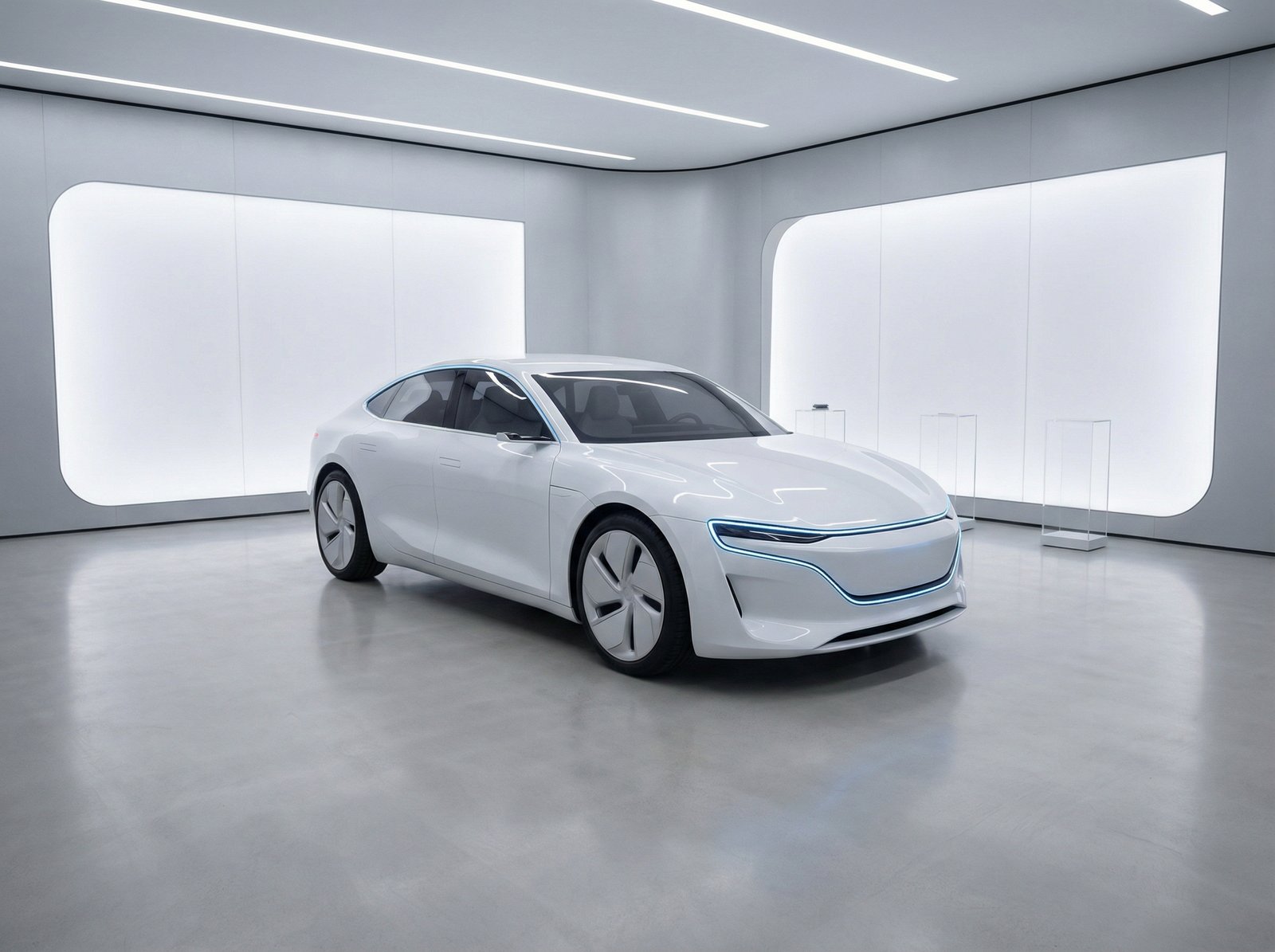 A sleek, white futuristic electric car with a glowing minimalist design, parked in a high-tech minimalist showroom, a subtle fusion of Apple-like aesthetics and Tesla's sharp lines, soft studio lighting, 4:3 aspect ratio, no text.