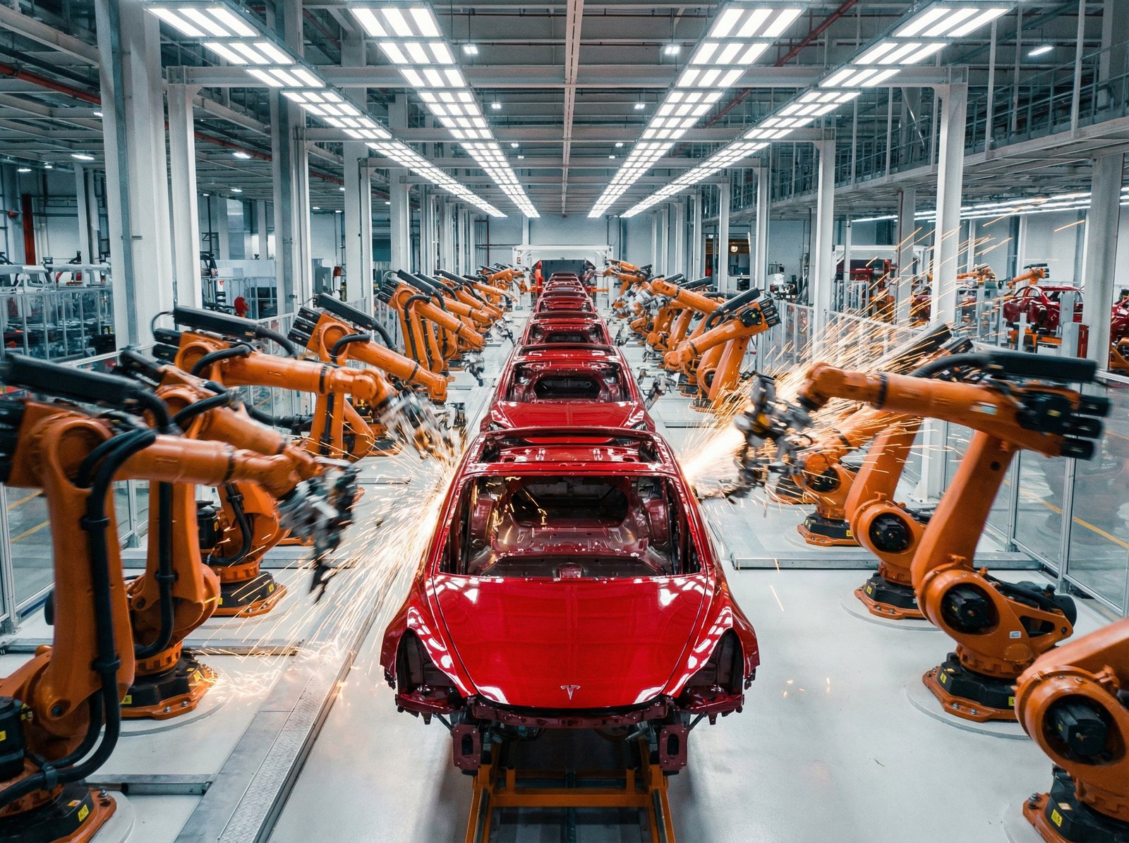 High-speed cinematic shot of a modern Tesla production line, shiny red car bodies being assembled by orange robotic arms, sparks flying, bright clinical lighting, 4:3 aspect ratio, no text.