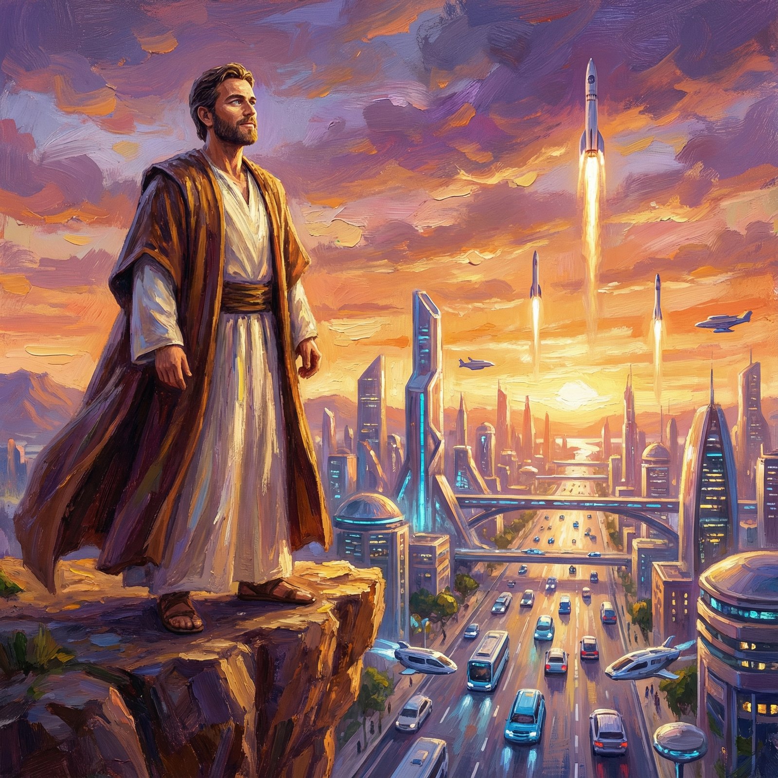 An artistic illustration of a visionary leader looking at a futuristic city filled with electric vehicles and rockets launching in the background, warm sunset tones, textured digital painting style, 1:1 aspect ratio, no text.