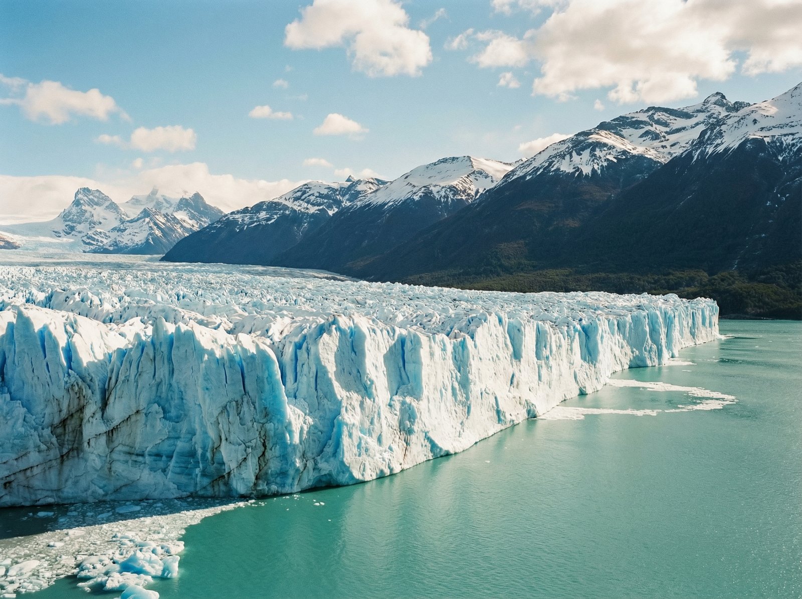 A breathtaking wide shot of the Perito Moreno Glacier in Los Glaciares National Park Argentina, massive blue ice walls against turquoise water and snow-capped Andes mountains, sunny day, cinematic photography, high resolution, 4:3 aspect ratio, no text
