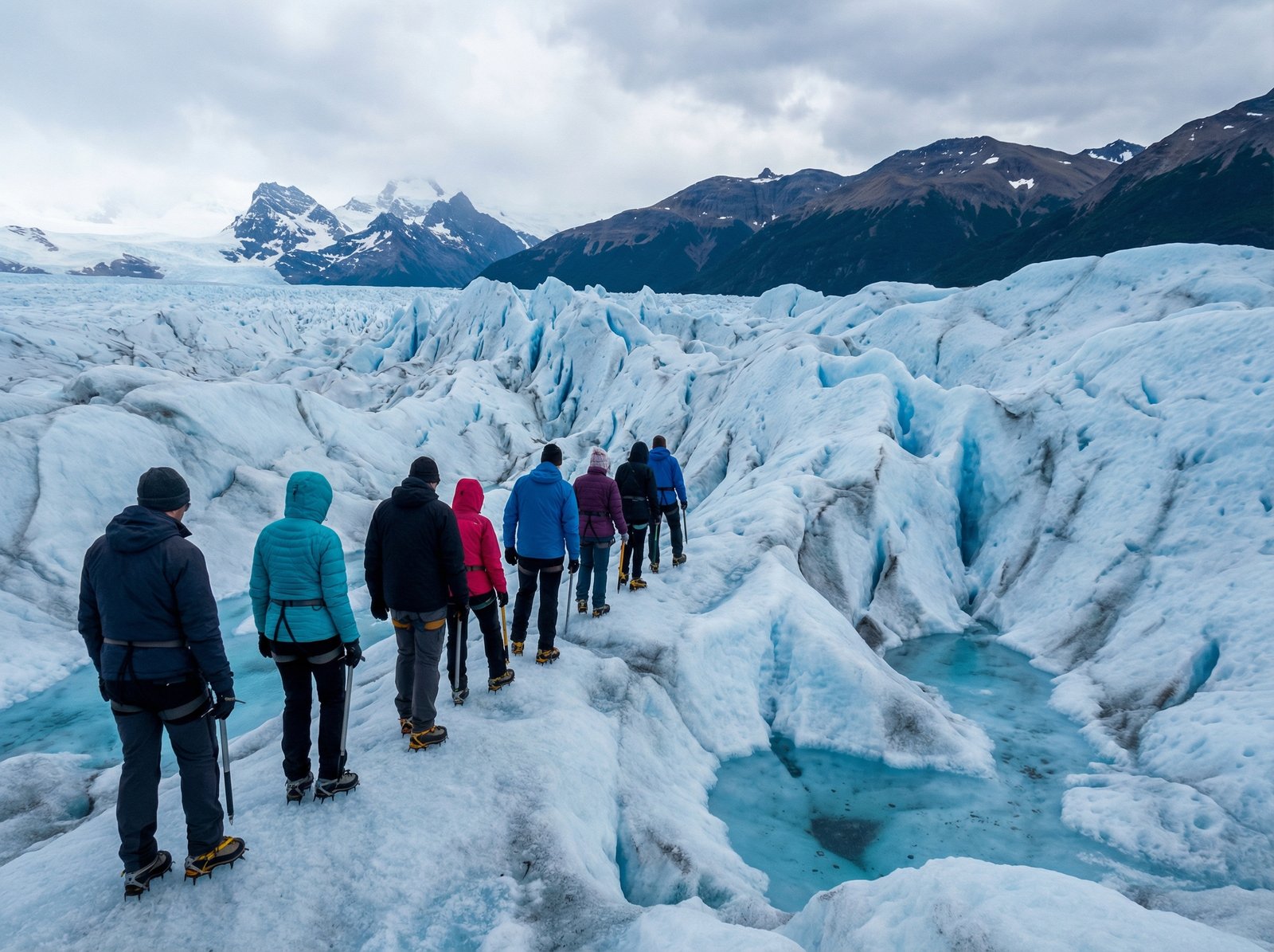 Tourists wearing crampons walking on the deep blue crystalline ice of a glacier, ice crevasses and small meltwater pools, Patagonia landscape, realistic travel photography, natural lighting, 4:3 aspect ratio, no text
