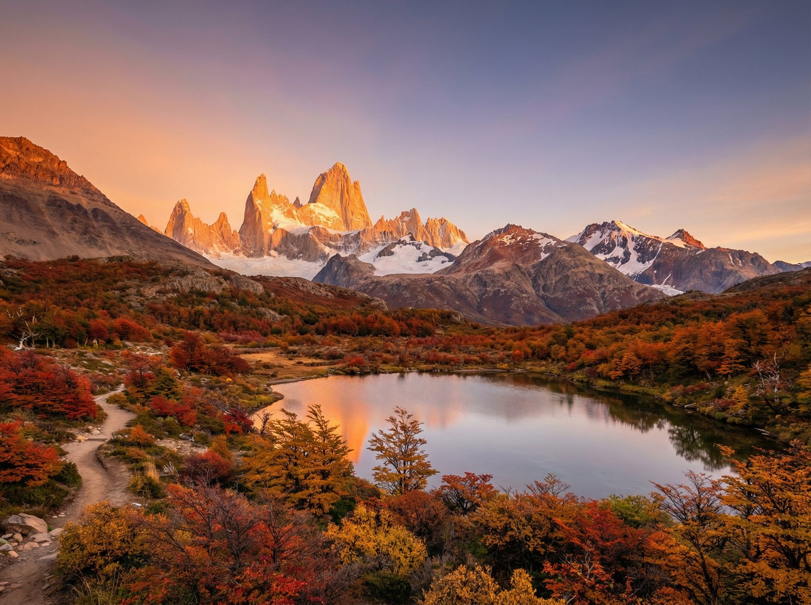 The iconic jagged granite peaks of Mount Fitz Roy in El Chalten, golden hour sunlight hitting the mountain top, autumn colors in the foreground, professional landscape photography, 4:3 aspect ratio, no text