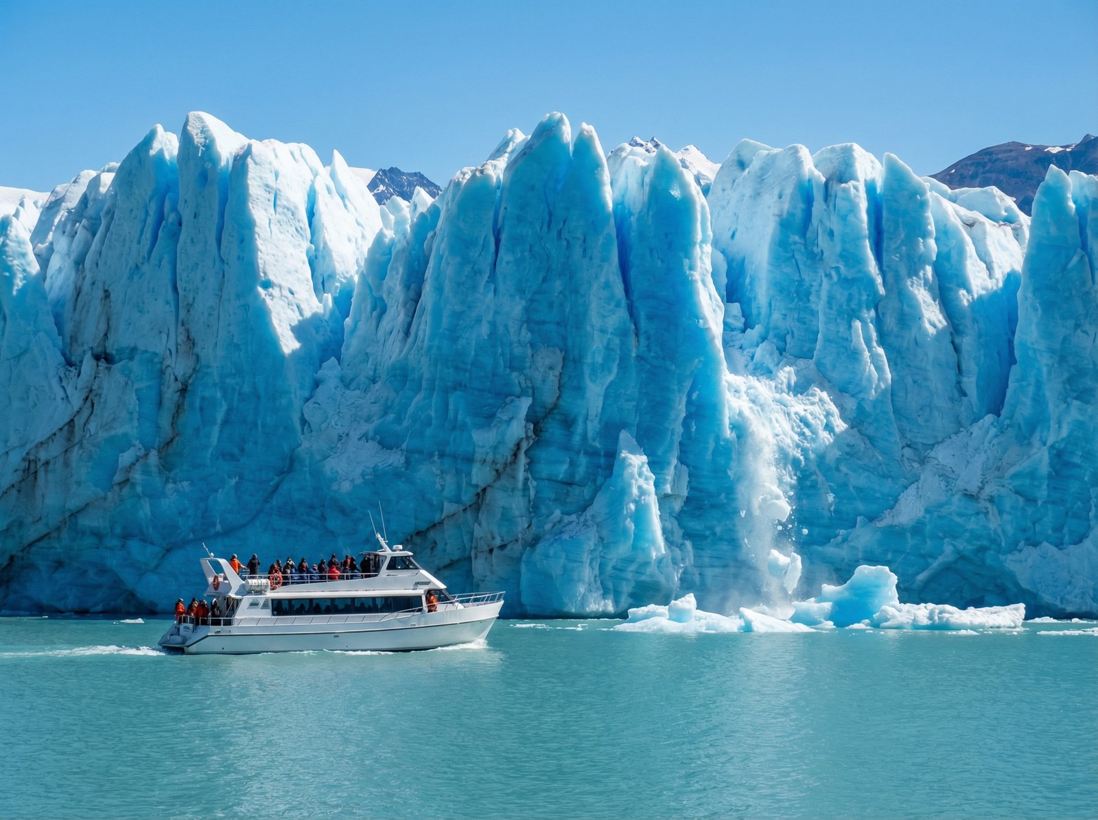 A white sightseeing boat cruising near a towering wall of intense blue ice in Lake Argentino, scale contrast between the boat and the glacier, pristine nature, clear blue sky, vivid colors, 4:3 aspect ratio, no text