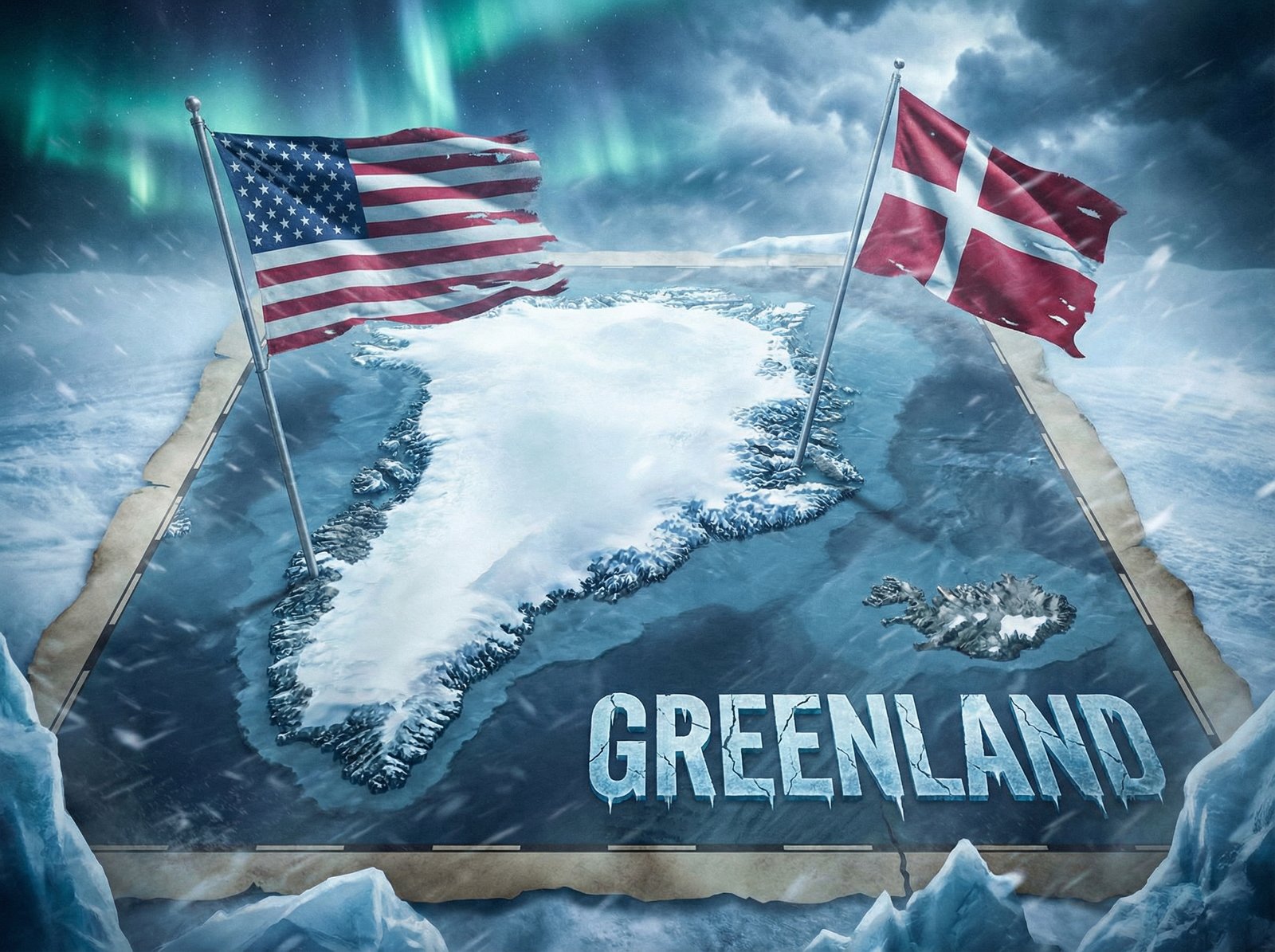 A dramatic conceptual illustration showing a stylized map of Greenland with the US flag and the Danish flag on opposite sides, cold Arctic atmosphere, high contrast, cinematic lighting, 4:3