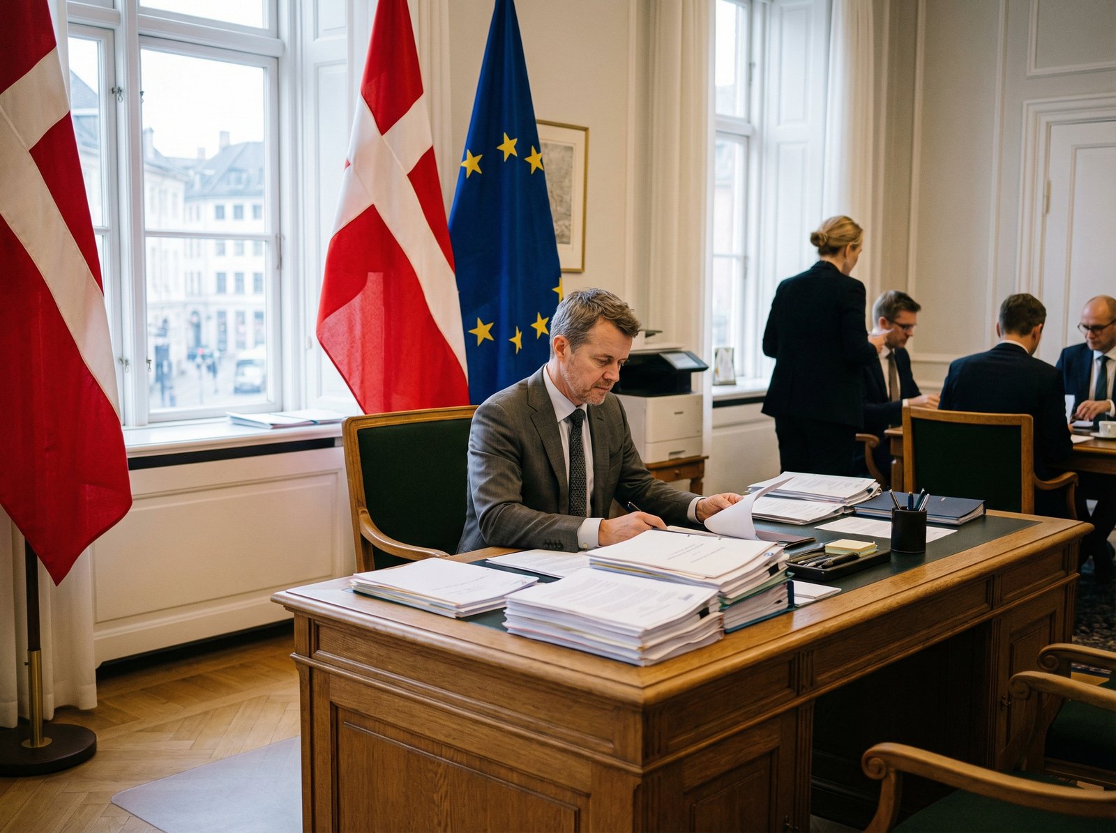 A professional and serious atmosphere in a European government office, a person looking determined, Danish flag in the background, soft professional lighting, realistic photography style, 4:3
