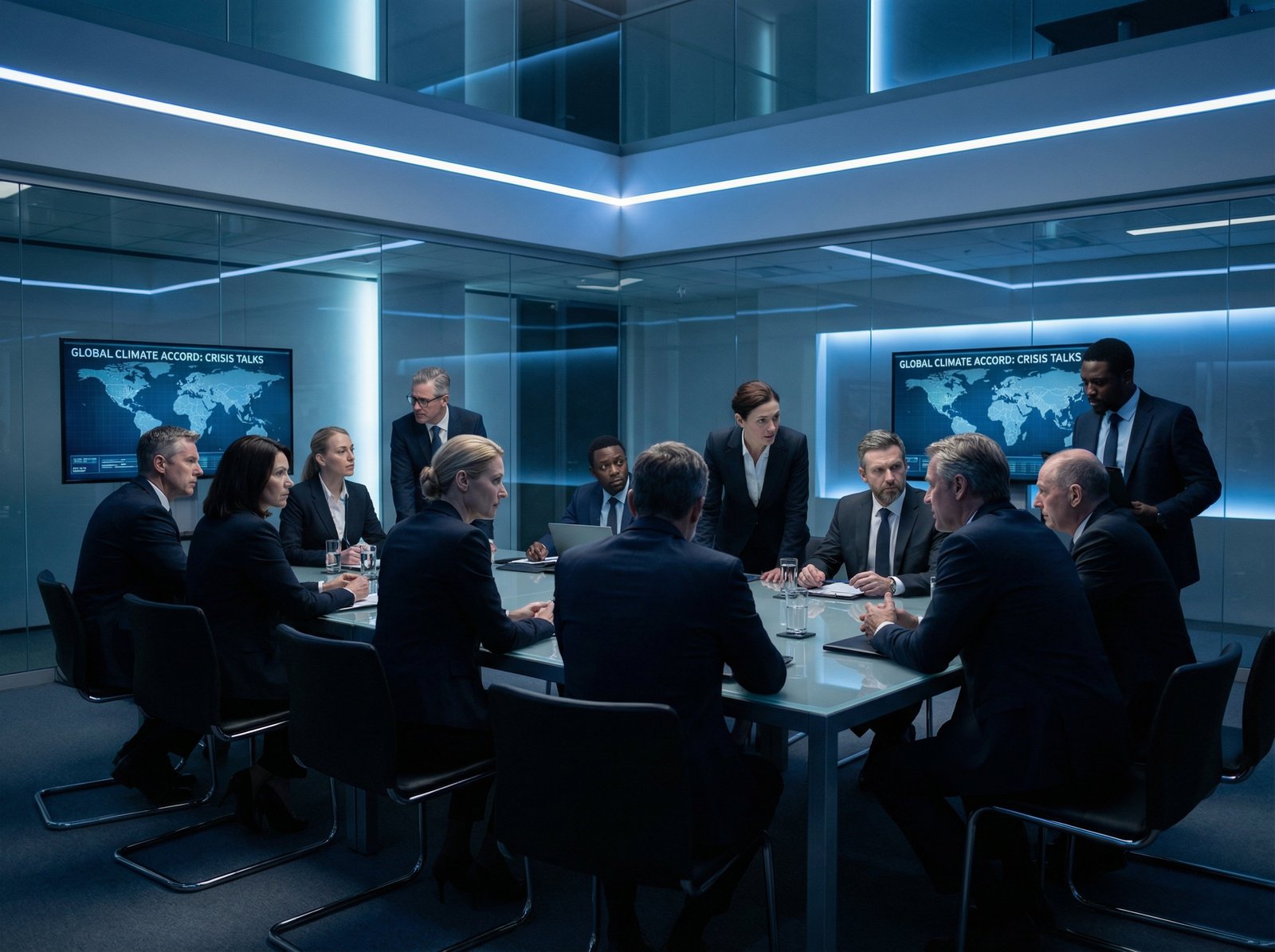 Modern international conference hall, tense atmosphere, professional figures discussing, blue and cold lighting, high contrast, detailed composition, 4:3