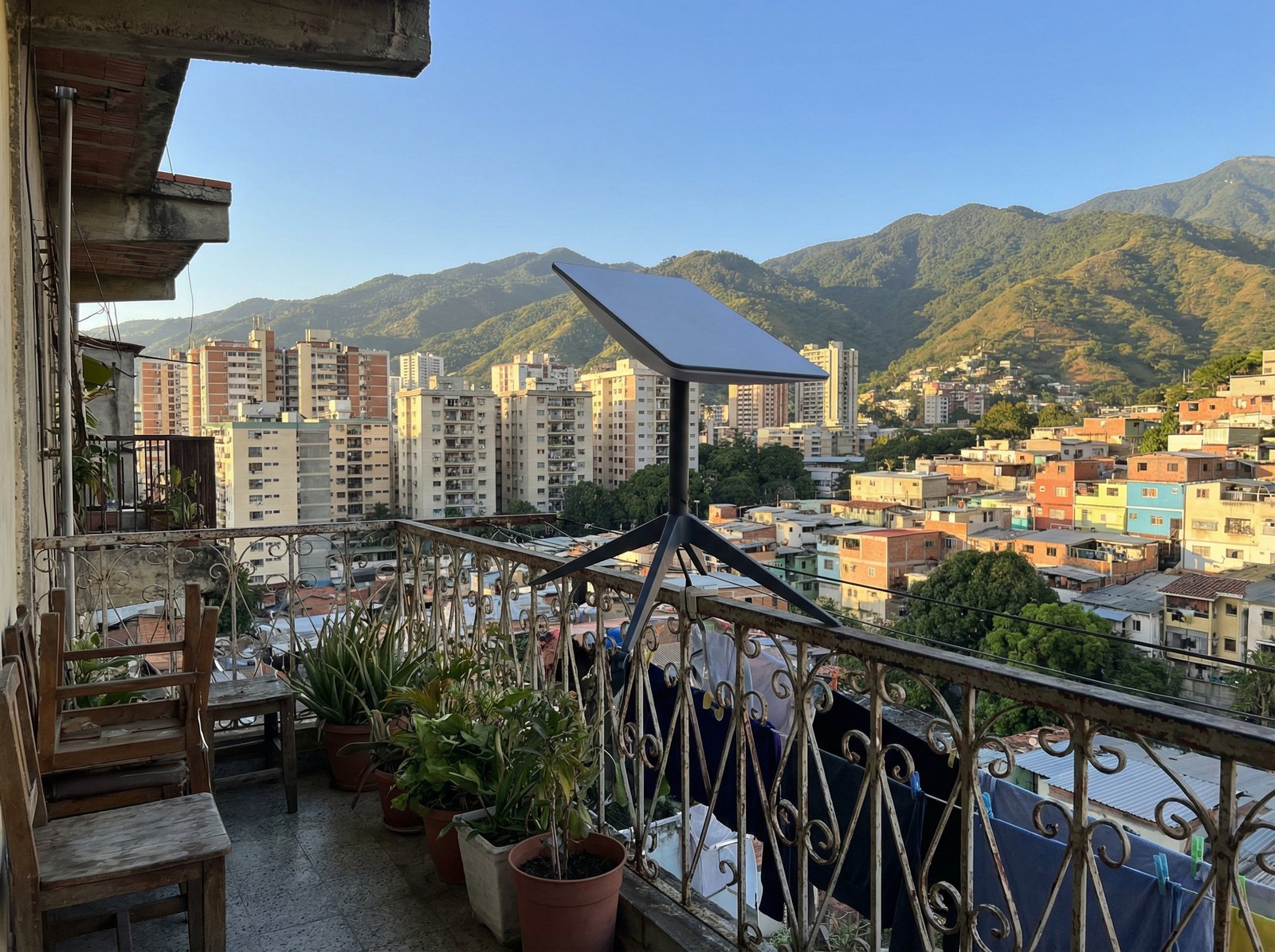 A realistic lifestyle photograph of a Starlink satellite dish installed on a residential balcony in a vibrant Caracas neighborhood. In the background, green mountains and city buildings are visible under a clear sky. Warm natural lighting, 4:3 ratio, no text.