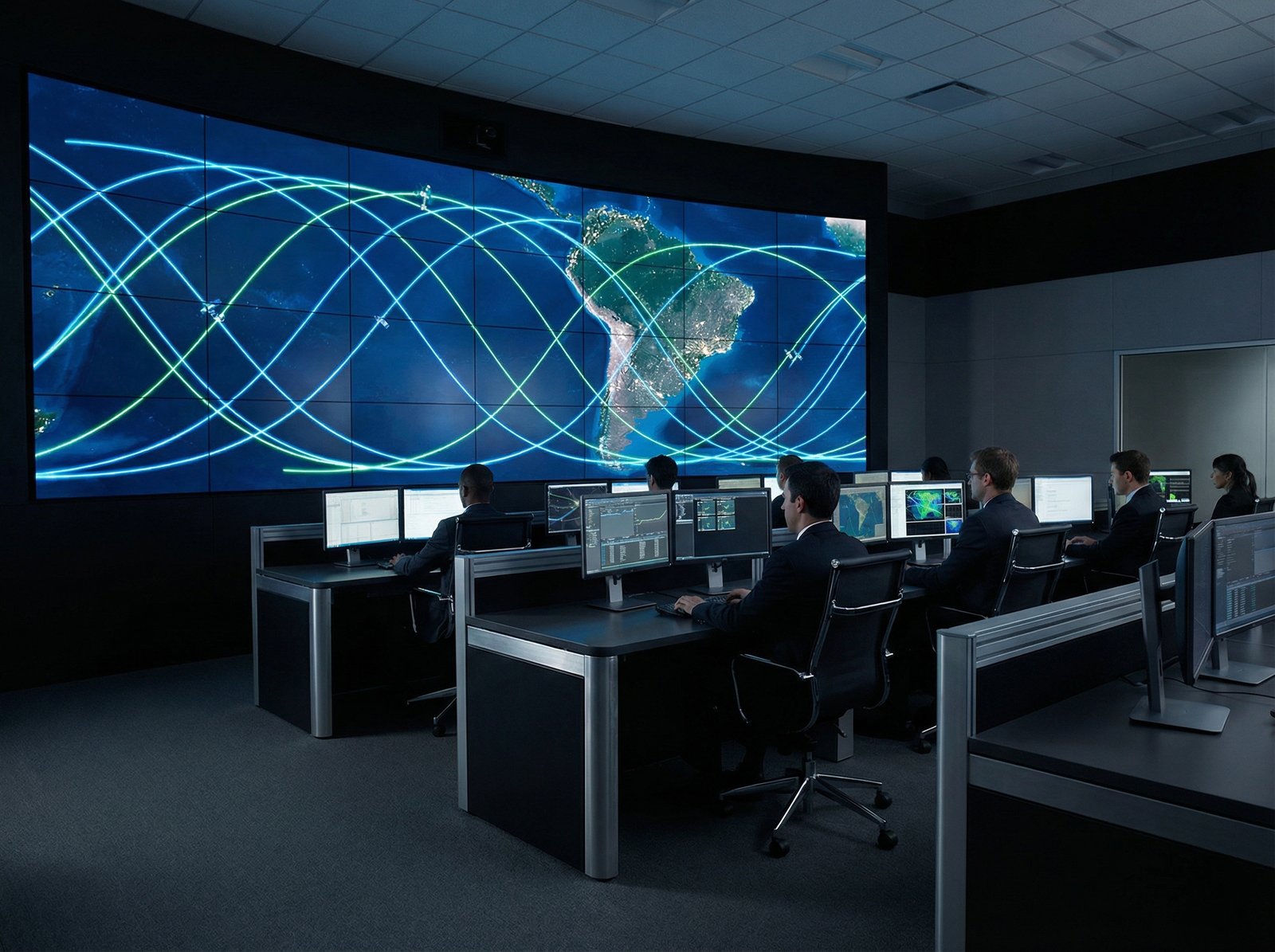 A modern telecommunications command center with multiple glowing screens displaying satellite orbital paths over South America. Professional atmosphere, clean composition, high contrast, 4:3 ratio, no text.