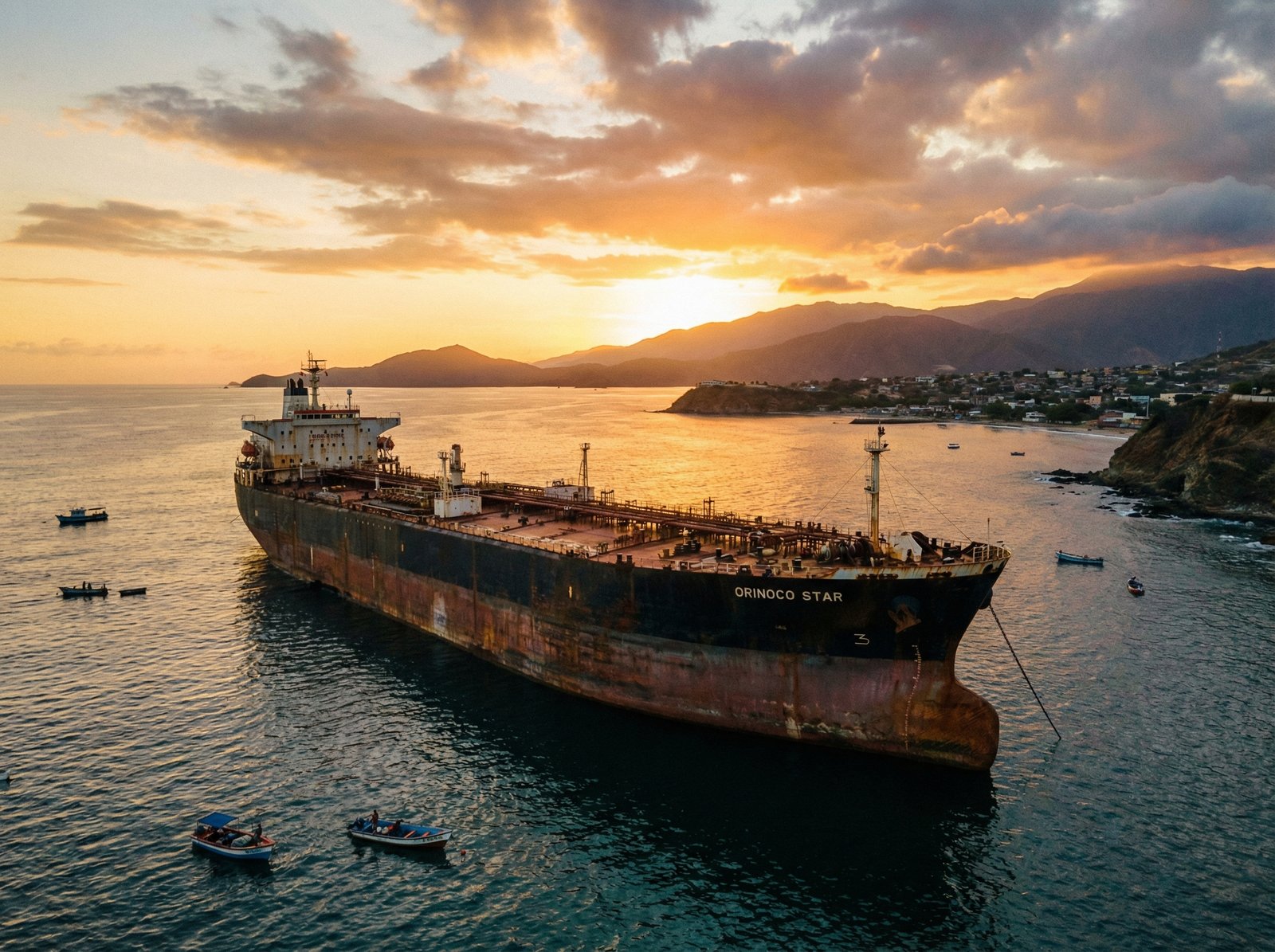 A large oil tanker anchored near the Venezuelan coast with a sunset background, cinematic lighting, realistic photography style, 4:3 aspect ratio, no text.