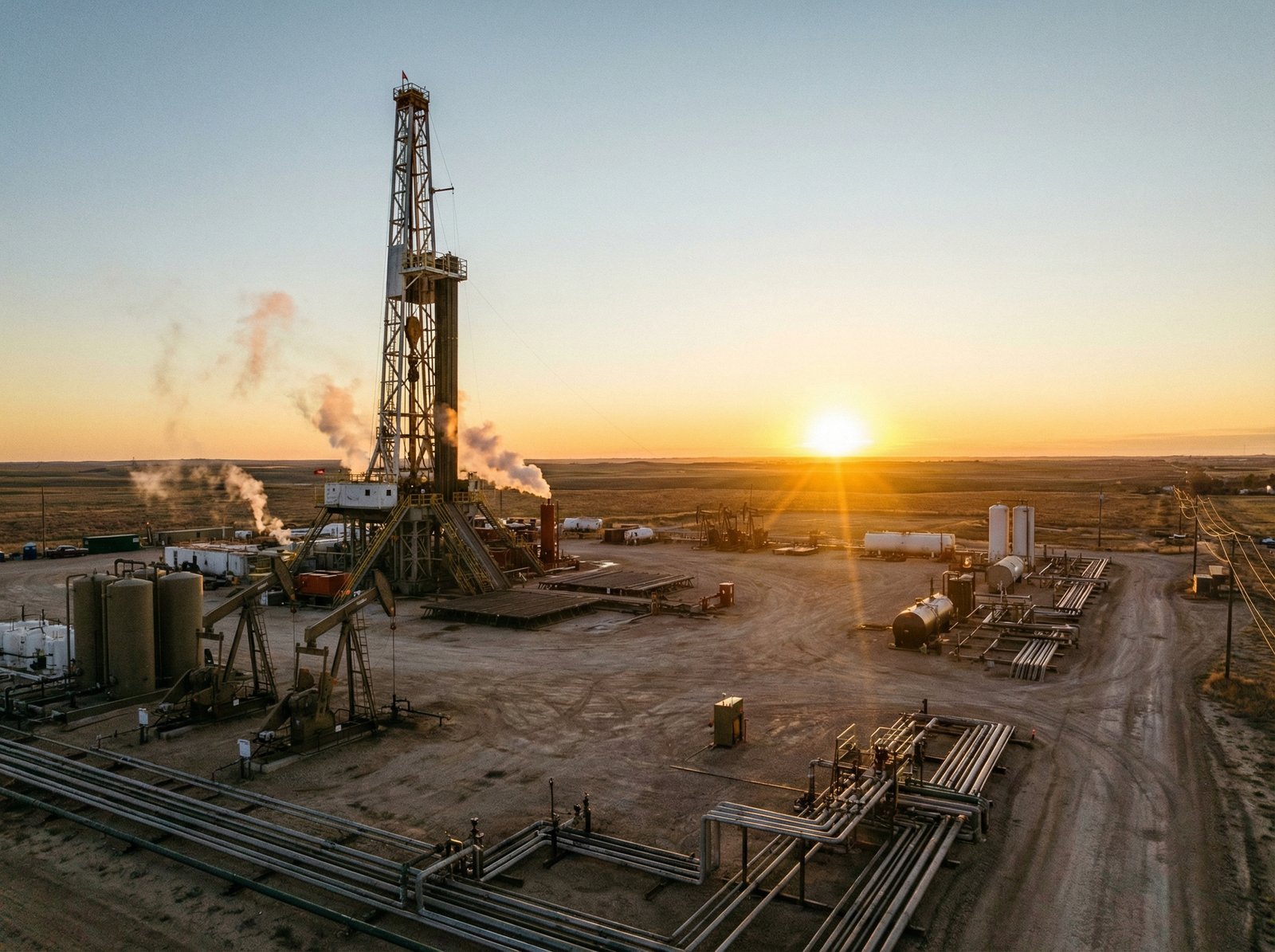 Oil field drilling rig at sunrise, golden hour, wide angle view of energy infrastructure, realistic and detailed, 4:3 aspect ratio, no text.