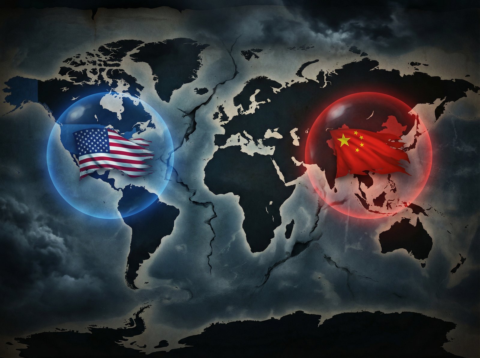 A dramatic conceptual illustration showing a world map divided by spheres of influence with the U.S. flag on the left side over South America and the Chinese flag on the right side over East Asia. Modern geopolitical tension atmosphere, high contrast, cinematic lighting, 4:3 aspect ratio, no text.