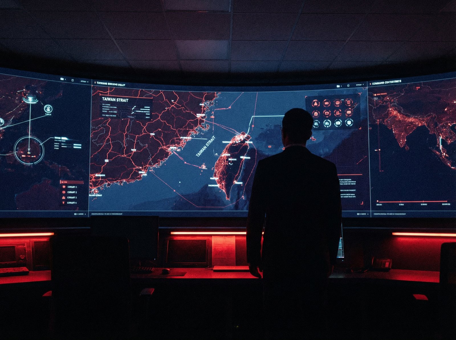 Realistic conceptual image of a high-tech command center screen showing a detailed map of Taiwan and mainland China. Silhouette of a leader looking at the screen from behind. Dim lighting, navy and red color palette, professional and serious atmosphere, 4:3 aspect ratio, no text.
