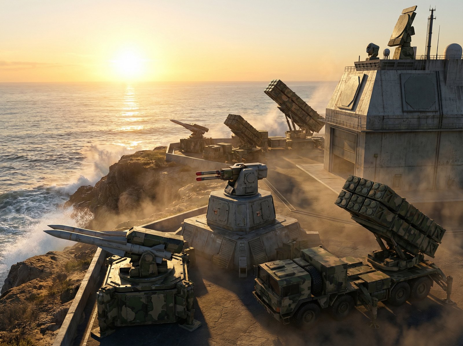 A detailed 3D rendering of advanced defensive missile systems and military hardware on a coastline looking out to sea. Cinematic sunrise, realistic textures, high quality, defensive posture, 4:3 aspect ratio, no text.