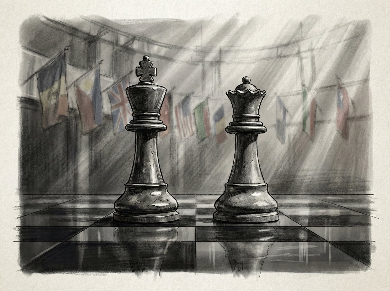 Professional artistic illustration of two large chess pieces representing major powers facing each other on a dark glass surface. In the background, blurred flags of various nations. Dramatic lighting, sophisticated and intellectual style, 4:3 aspect ratio, no text.