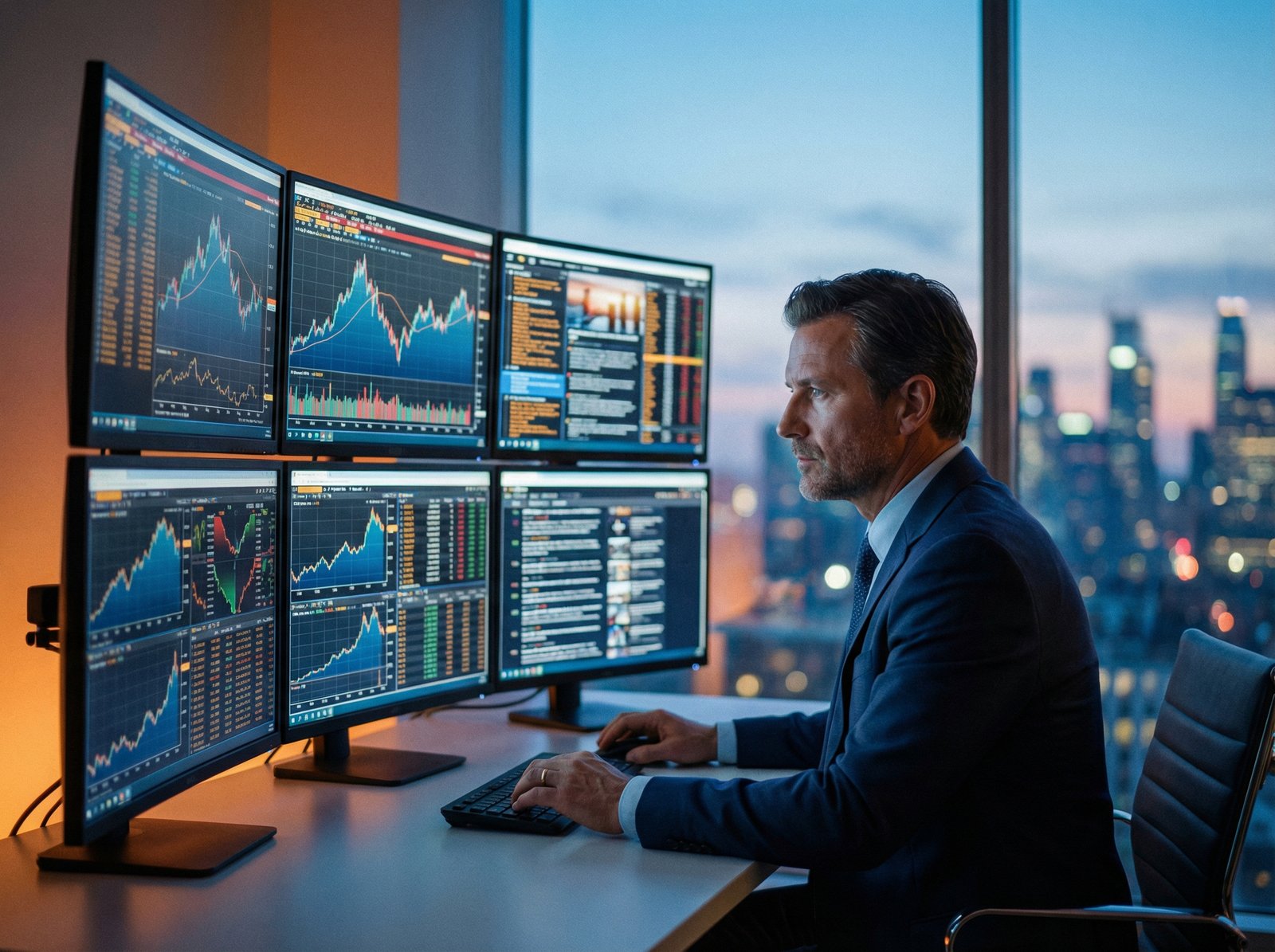 A professional male financial trader in a modern office looking at multiple monitors displaying oil price charts and news alerts. The lighting is professional and sleek with a blue and orange color palette. The background has a soft bokeh effect of a city skyline. Aspect ratio 4:3, high quality, no text.