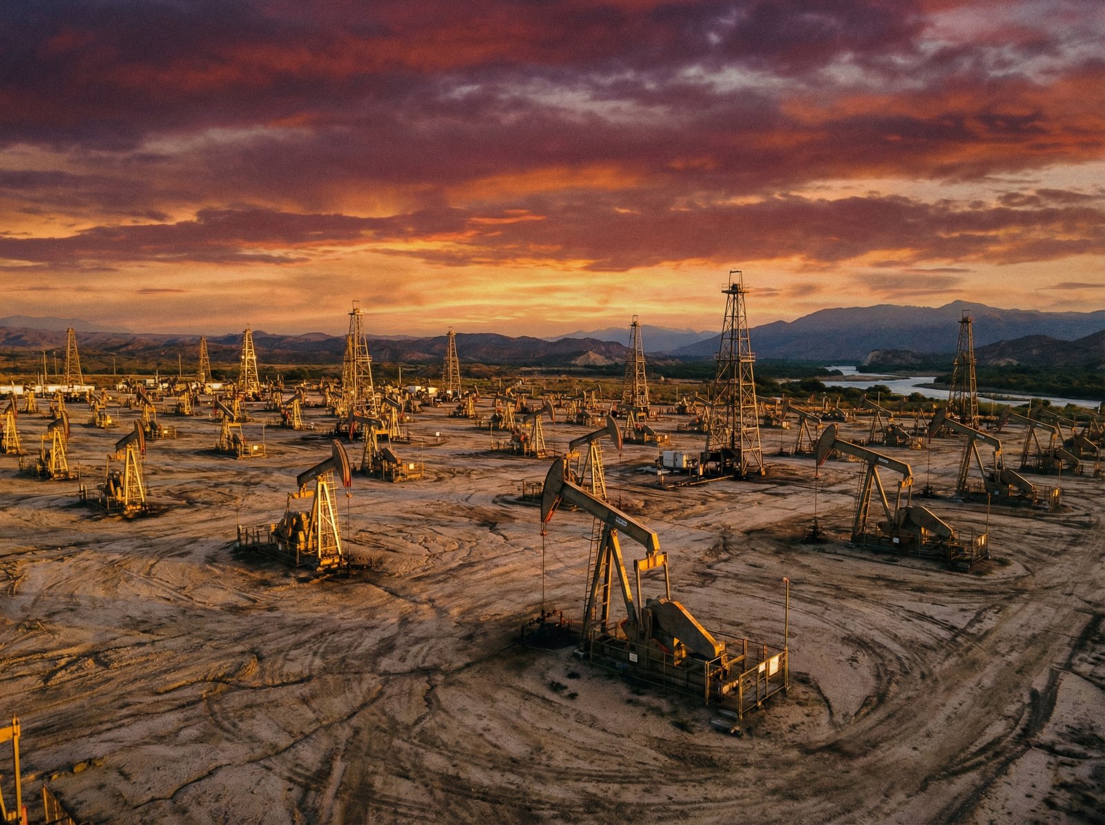 A wide-angle landscape shot of an oil field in Venezuela during sunset. Golden sunlight reflecting off the metal structures of oil pumps. The ground is dusty and the sky is filled with warm orange and purple hues. Realistic photography style, aspect ratio 4:3, no text.
