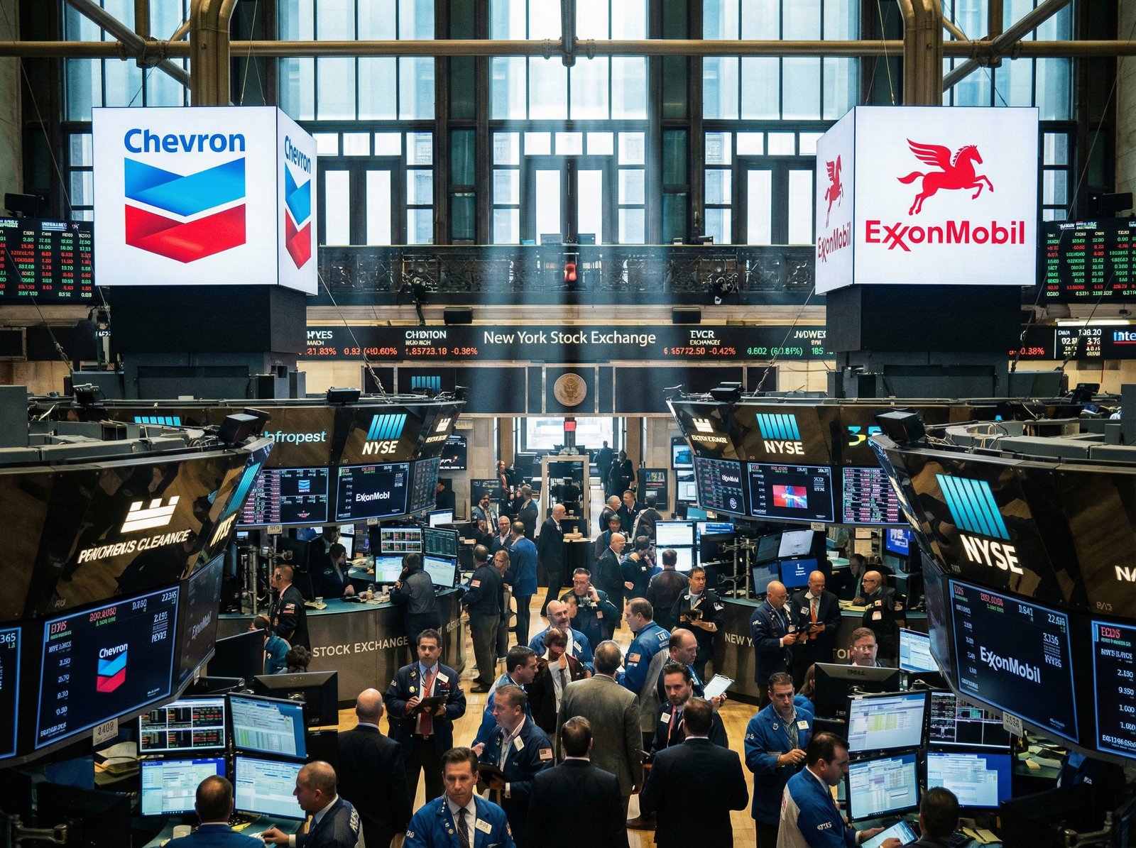 Signage of Chevron and Exxon Mobil on the trading floor of the New York Stock Exchange, busy financial environment, cinematic lighting, high resolution, 4:3