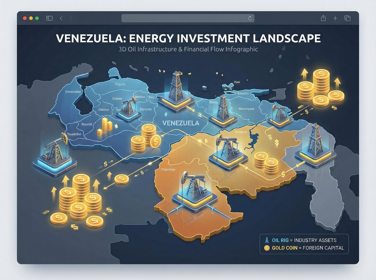 A map of Venezuela overlaid with 3D oil rig icons and gold coins representing investment, professional business infographic style, 4:3