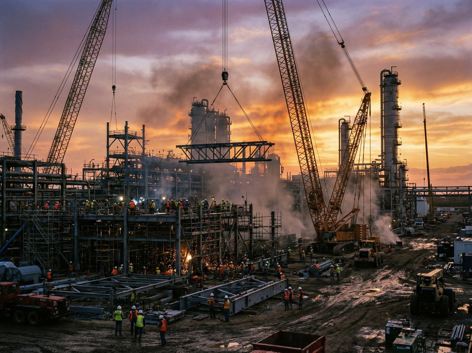 Large scale industrial oil refinery under construction with heavy cranes and workers in helmets, sunset lighting, realistic photography style, 4:3