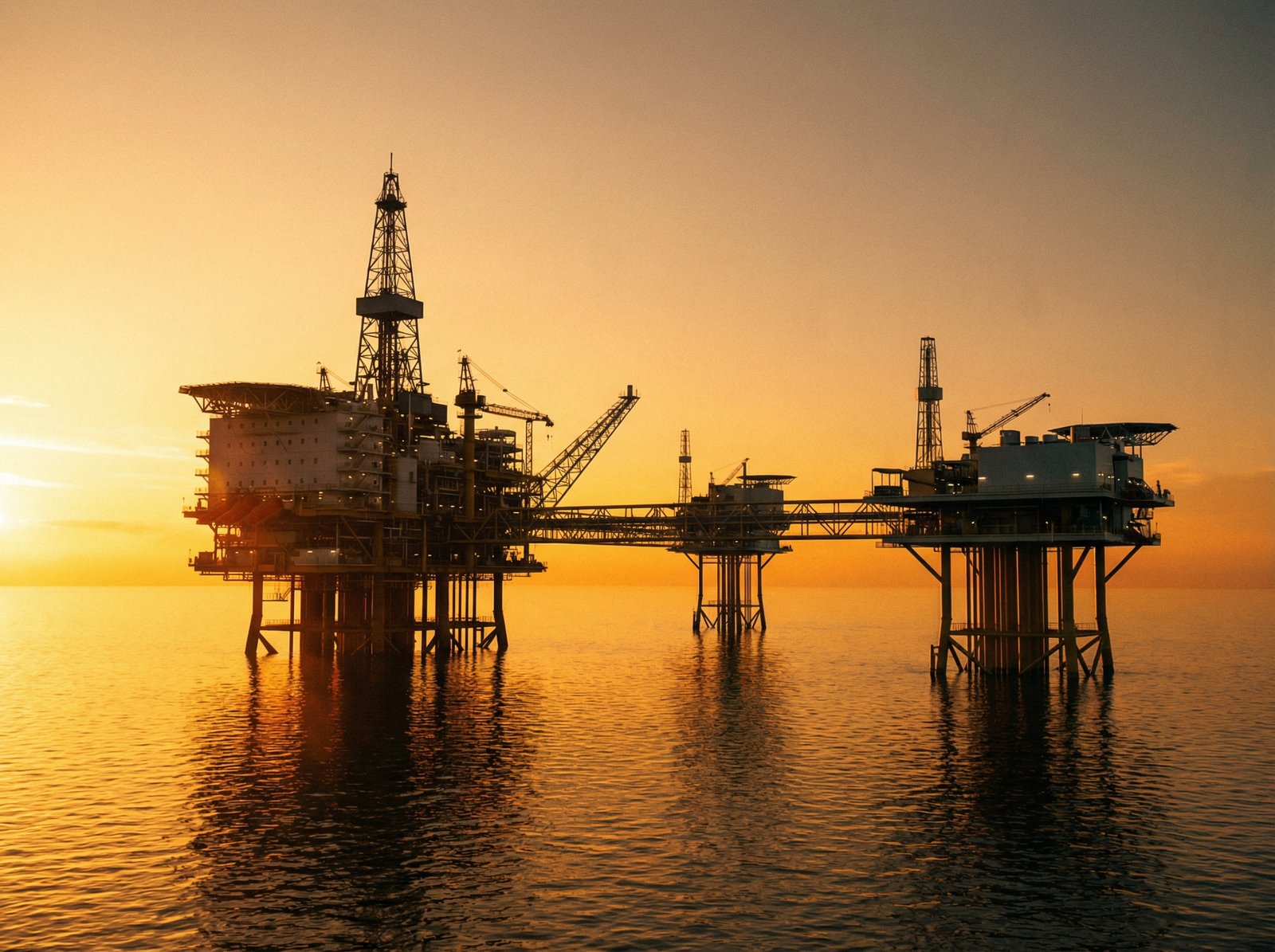 A professional cinematic shot of an offshore oil rig and energy infrastructure during a golden sunset. The sea is calm and reflecting the warm sunlight. High contrast and modern layout. No text. Aspect ratio 4:3.
