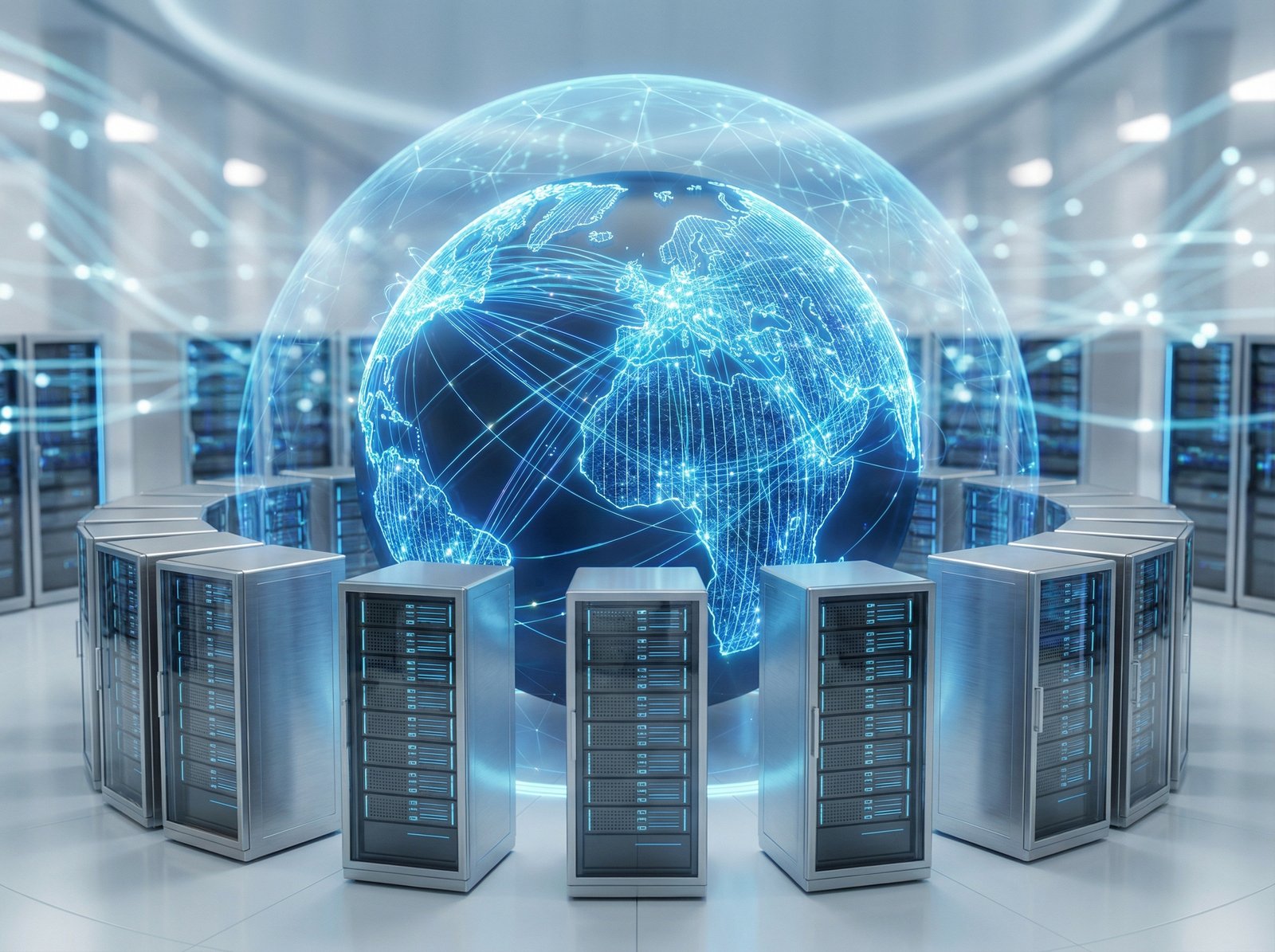 A conceptual illustration of global network connectivity and digital security. Glowing blue lines connecting server nodes in a clean and modern high-tech environment. Soft bokeh background. No text. Aspect ratio 4:3.