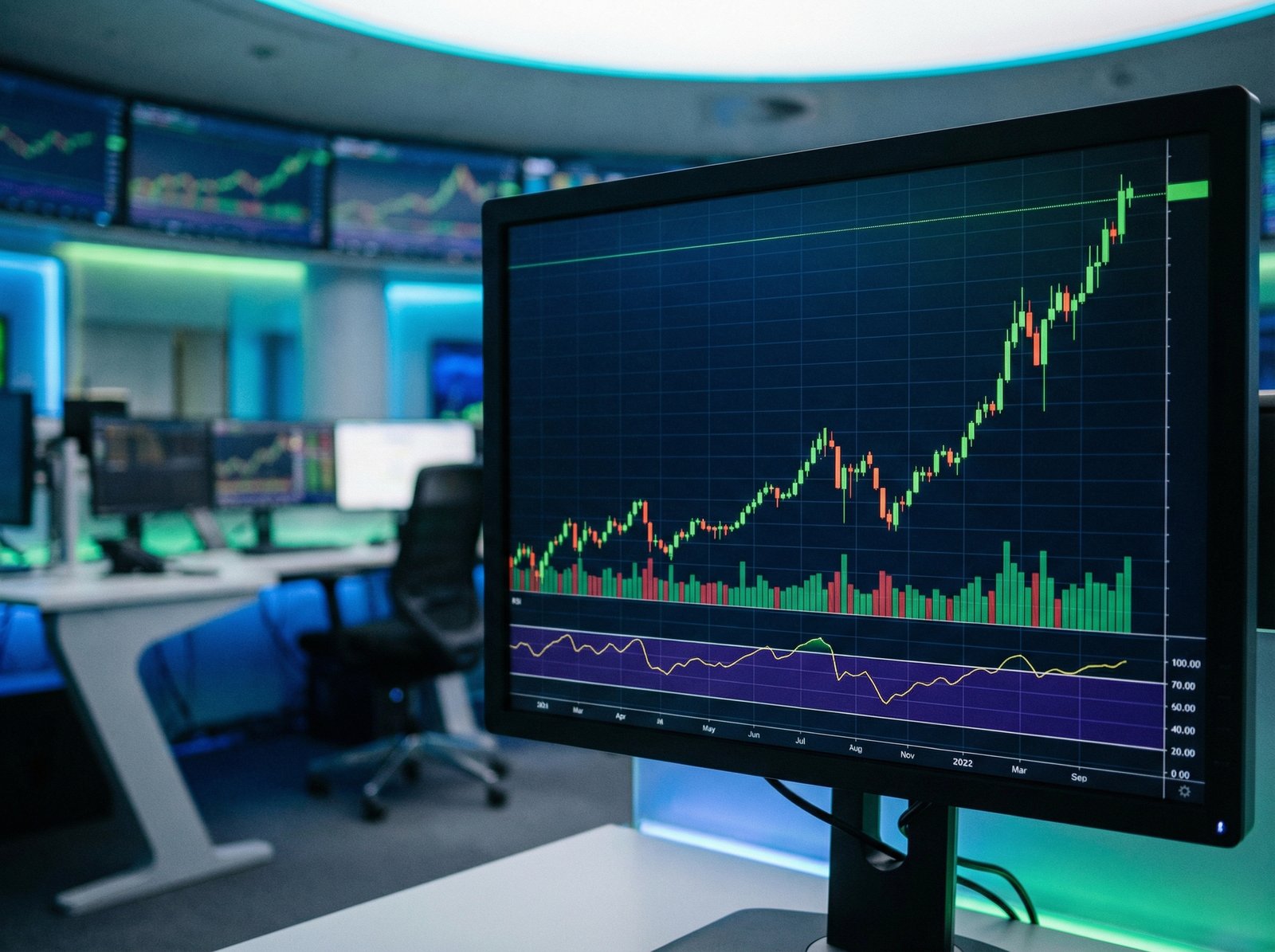 A professional stock market candle chart showing a sharp upward trend for a technology company like Micron with technical indicators like RSI above 70 highlighted. The background is a clean, modern financial trading room atmosphere with a high-tech feel. 4:3 aspect ratio, no text.