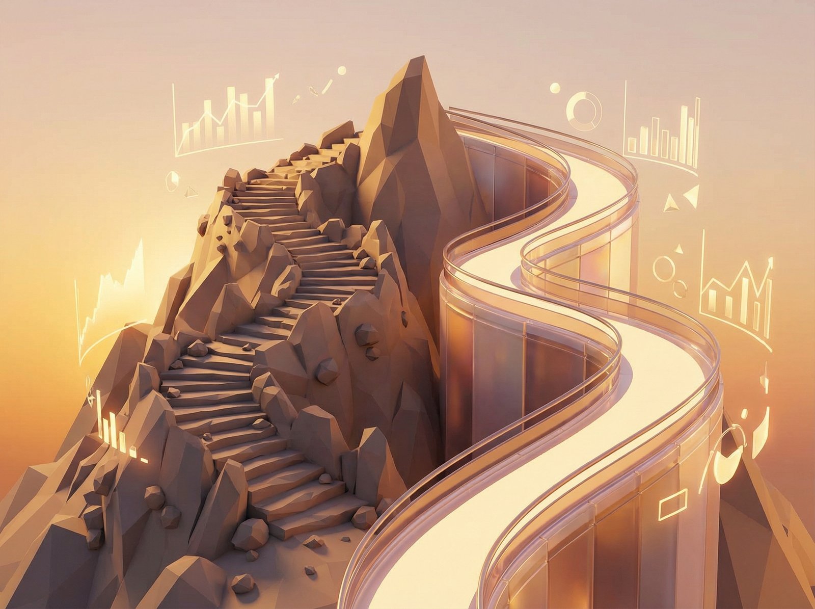 An artistic 3D illustration of two paths on a mountain. One path is steep and jagged representing high volatility stock ownership and the other is a smoother ascending ramp representing a hedged options strategy. Warm sunset lighting with a professional financial aesthetic. 4:3 aspect ratio, no text.