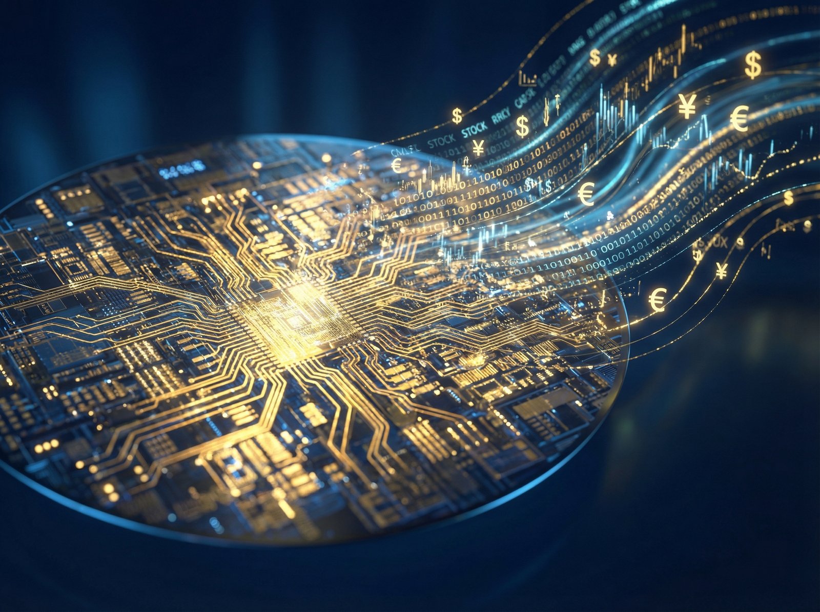 Close-up of a high-tech semiconductor silicon wafer with glowing golden circuits transitioning into digital financial data streams and binary code. Deep blue and gold color palette, sophisticated and detailed. 4:3 aspect ratio, no text.
