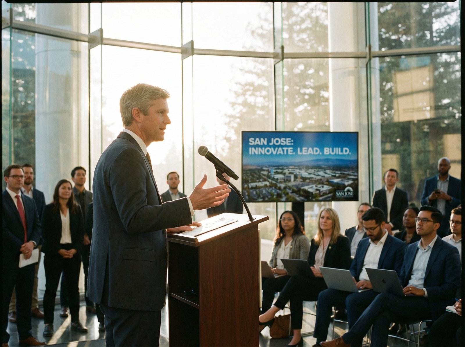 A professional cinematic shot of Matt Mahan, the Mayor of San Jose, speaking at a modern city hall setting with Silicon Valley vibes, realistic photography, sunlight, 4:3