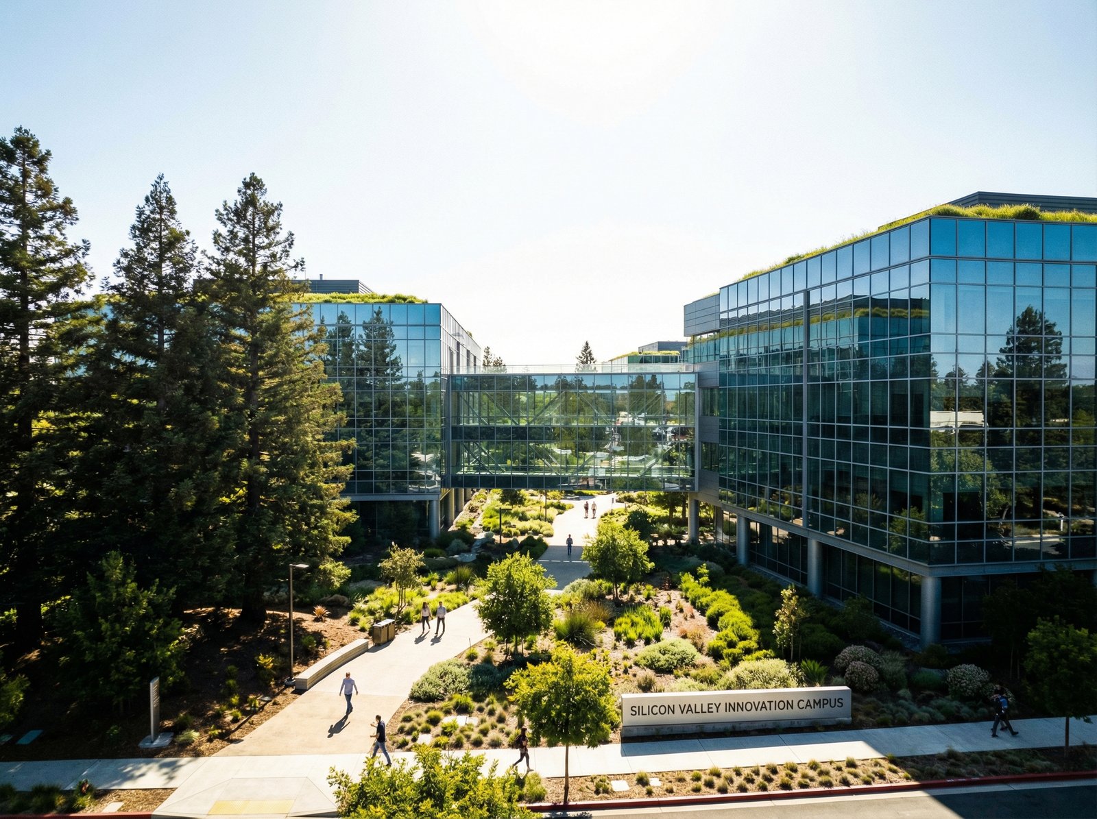 A wide angle high contrast shot of a modern technology business park in Silicon Valley, glass buildings, lush landscape, sunny day, professional architectural photography, 4:3