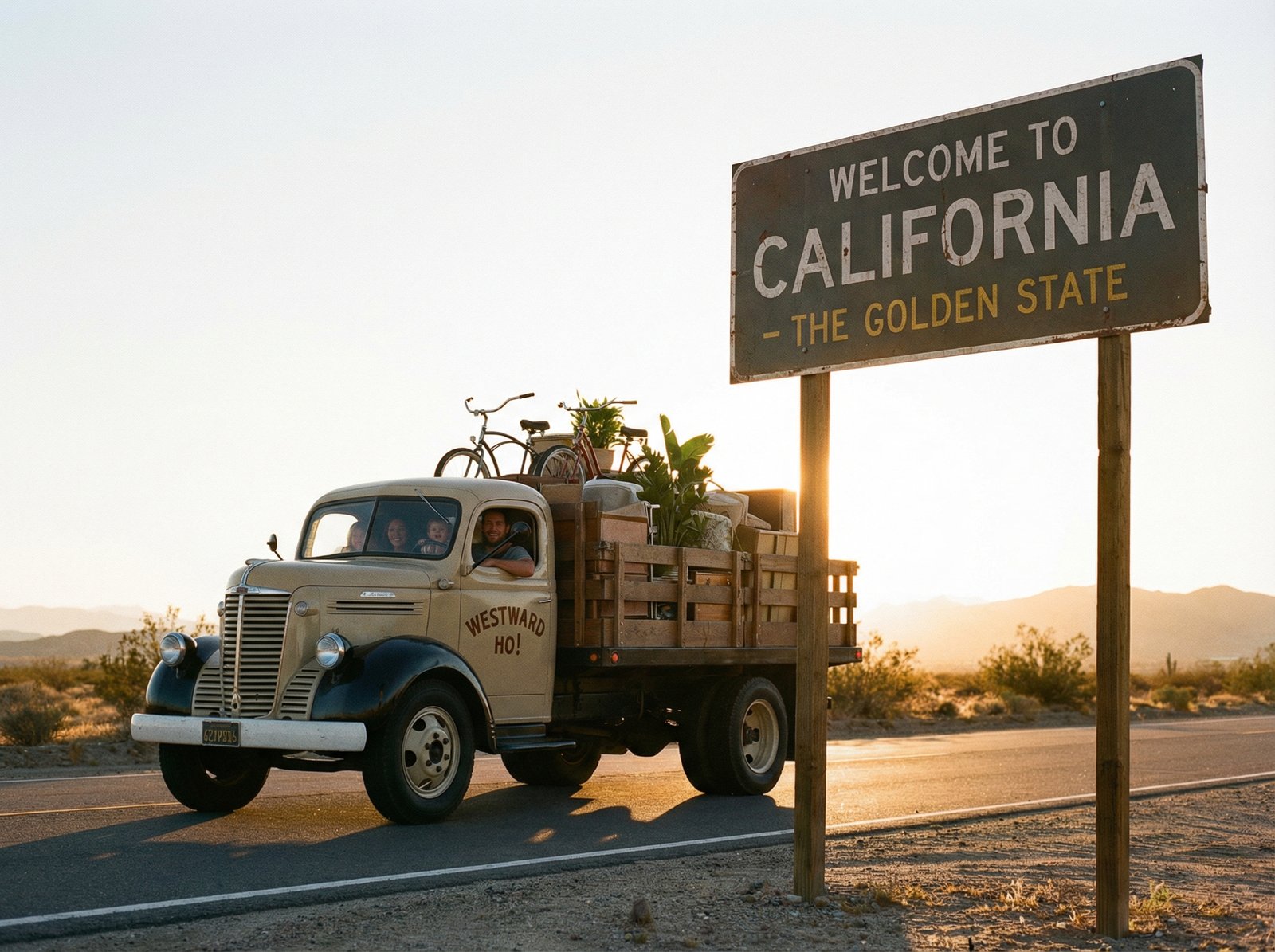 A symbolic lifestyle photography showing a moving truck on a highway with a California state line sign, warm sunset lighting, 4:3