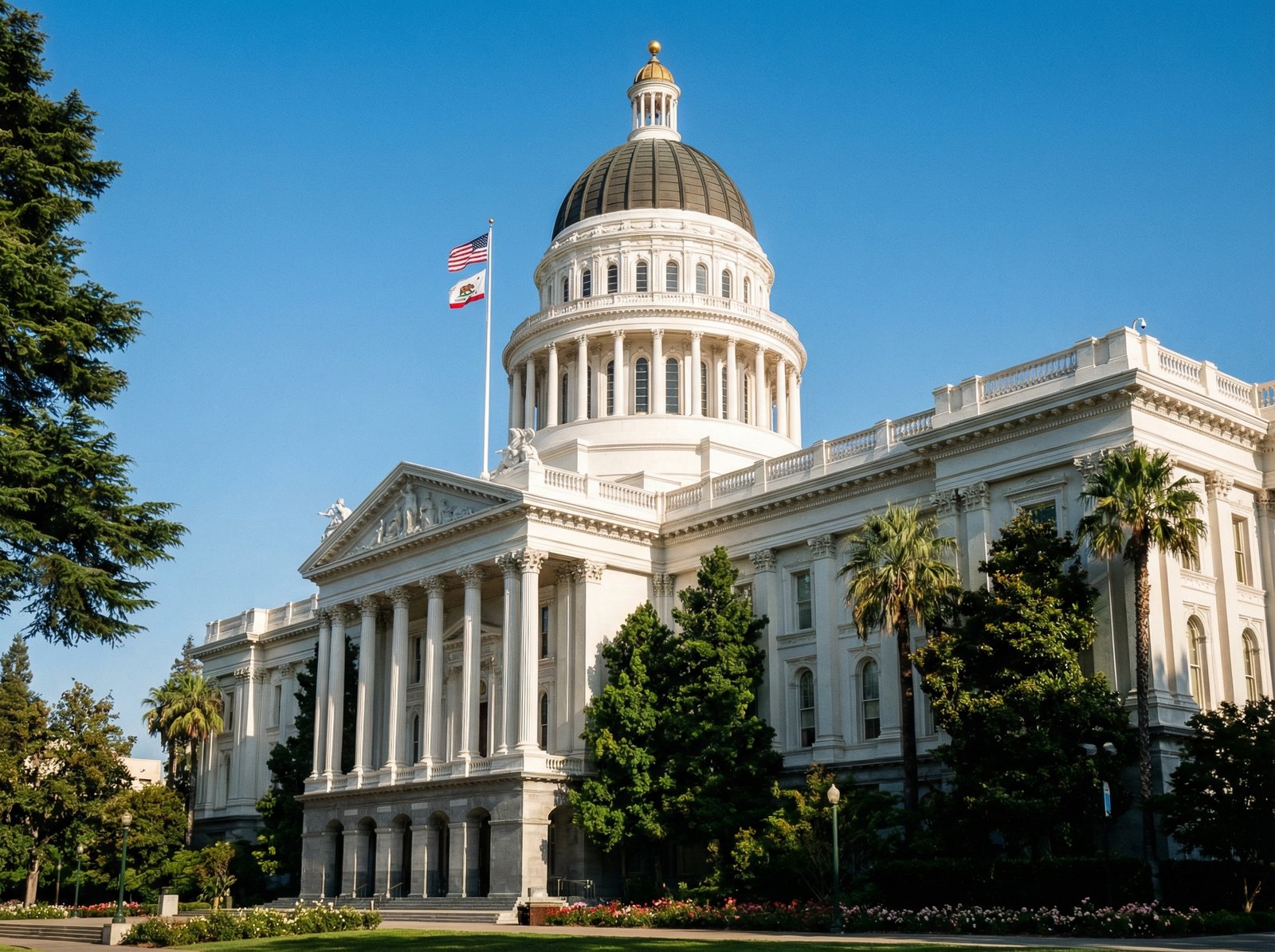 A detailed composition of the California State Capitol building in Sacramento, clear blue sky, professional high contrast photography, 4:3