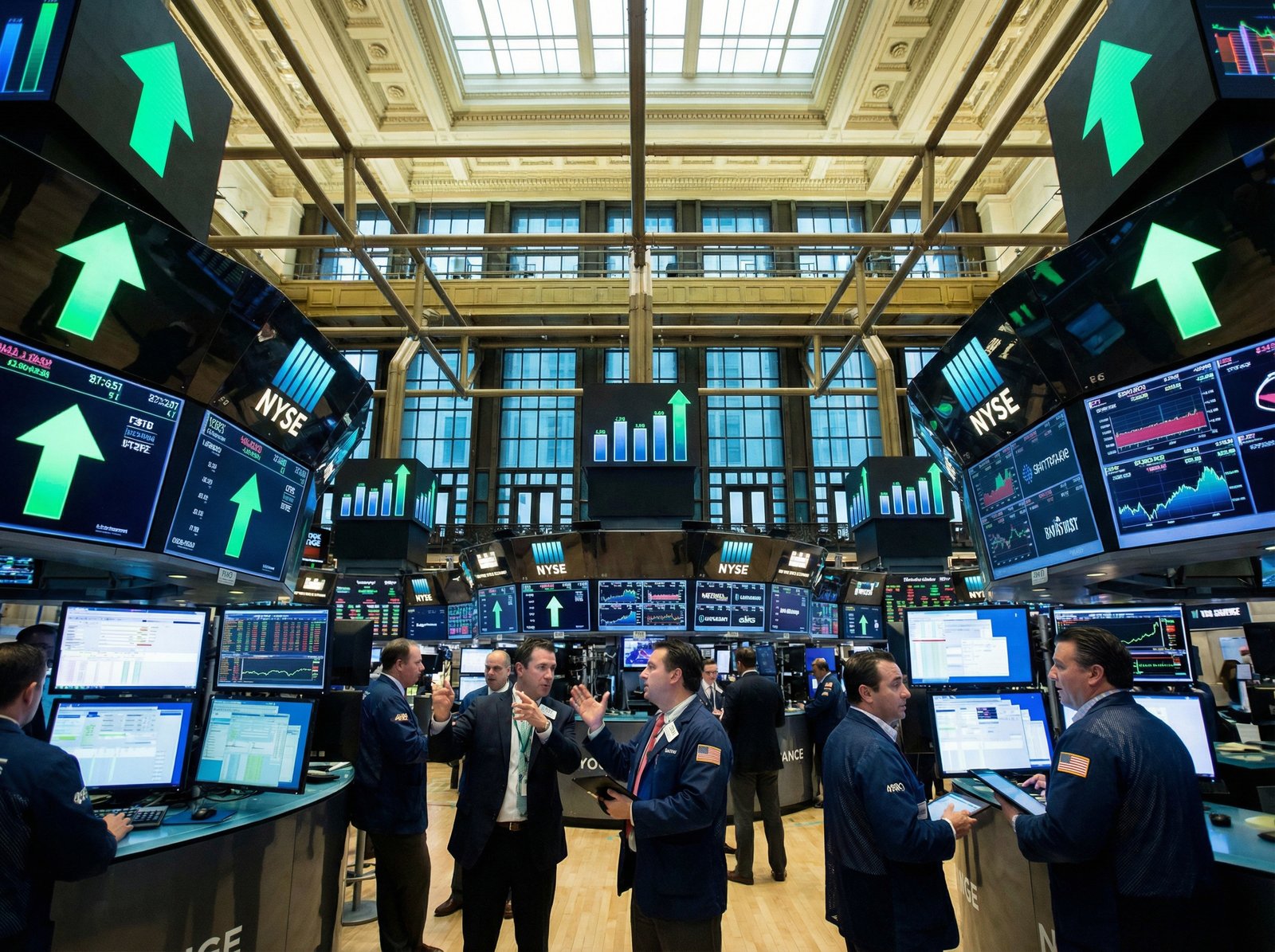 A wide angle shot of the New York Stock Exchange floor with digital screens showing green upward trends and stock market charts, professional financial atmosphere, bright lighting, 4:3 aspect ratio, no visible text