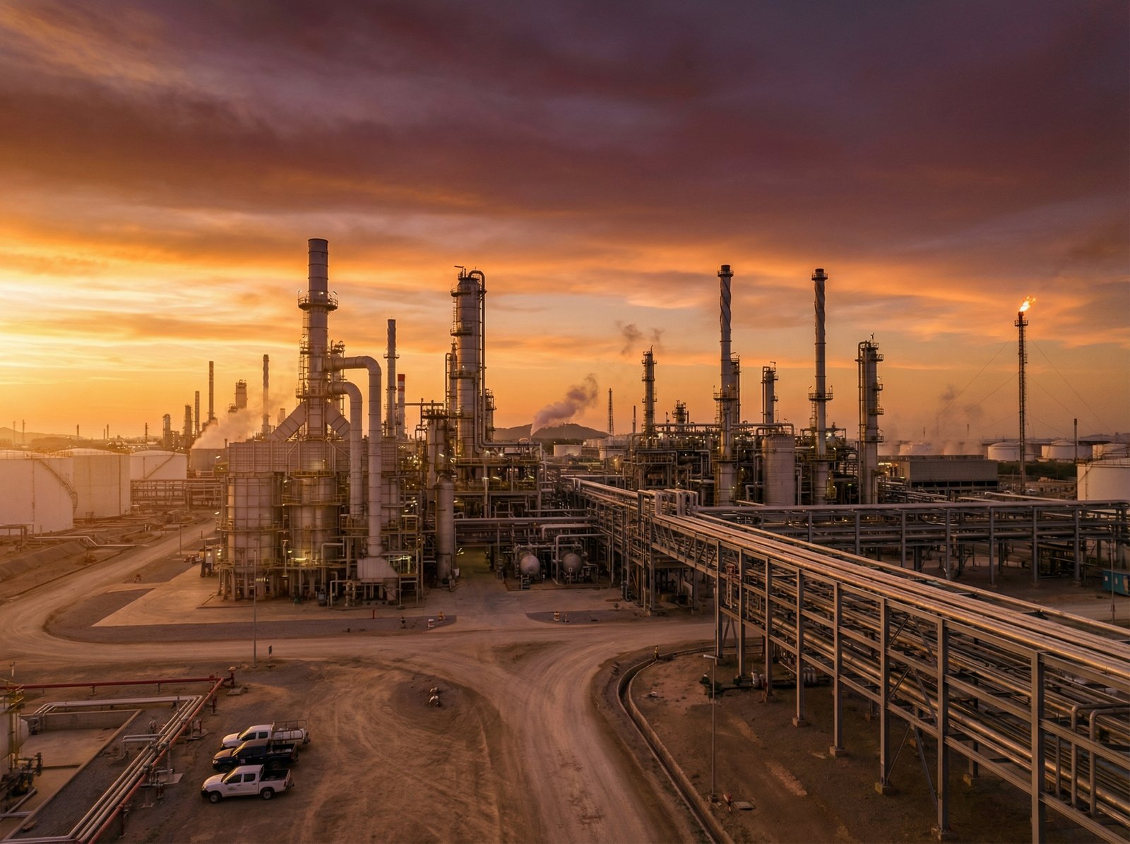 Modern oil refinery landscape with a sunset background, golden hour lighting, cinematic composition, focusing on industrial energy infrastructure, 4:3 aspect ratio, no visible text