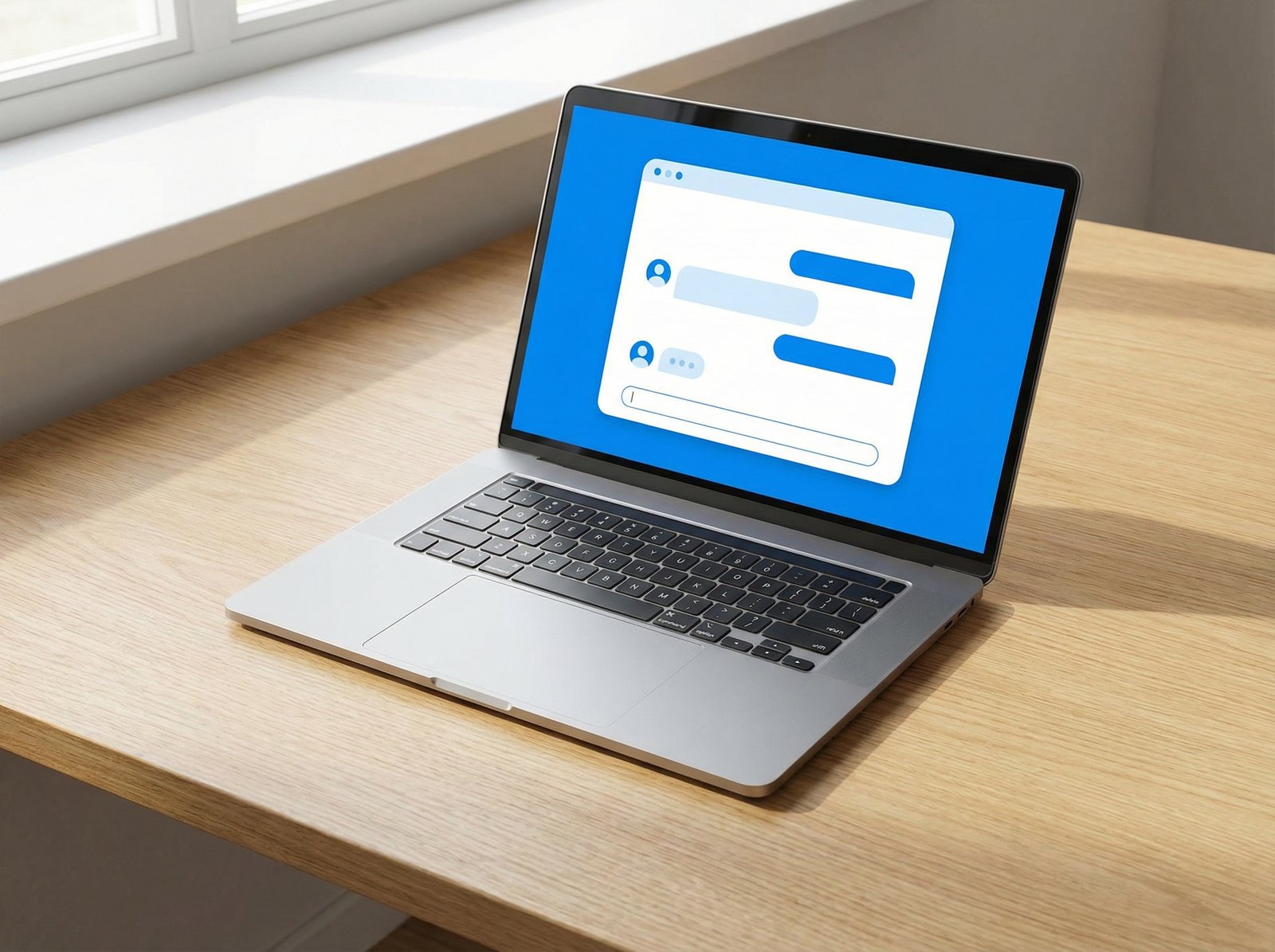 A modern laptop on a clean wooden desk showing a sleek web-based AI chatbot interface with a blue and white color scheme, minimal design, realistic lighting, 4:3 aspect ratio, no text