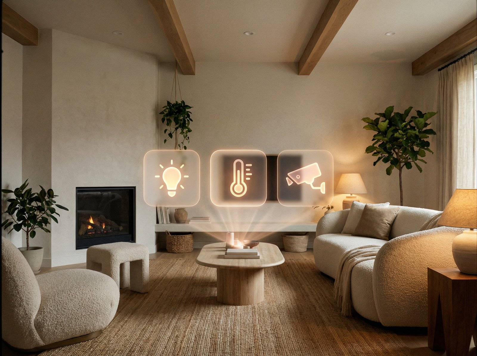 A futuristic digital interface showing icons for lights, temperature, and security cameras floating in a cozy modern living room, soft glow, realistic interior design, 4:3 aspect ratio, no text