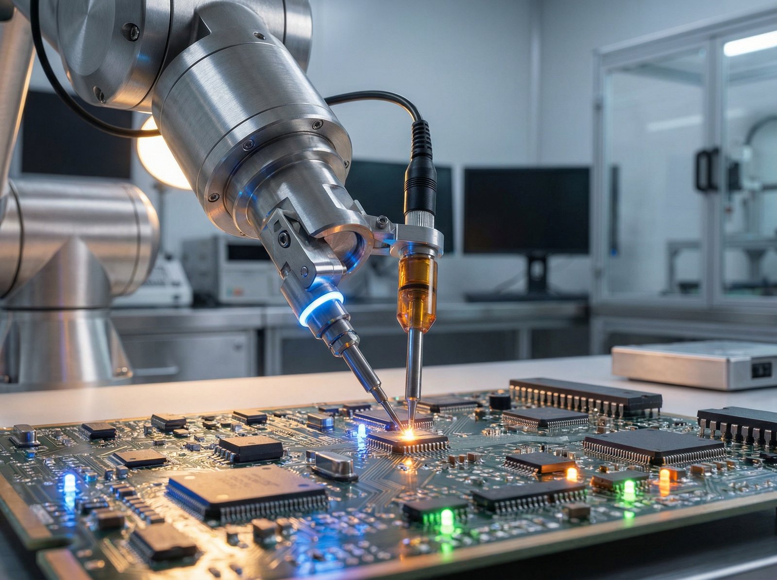 A close up of a high-tech robotic arm assembling a complex circuit board with glowing components, clean laboratory setting, cinematic lighting, 4:3, no text