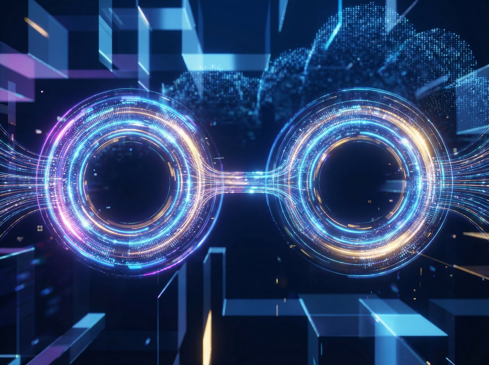 Conceptual art of two glowing interconnected tech circles representing partnership, holographic patterns, abstract digital background, professional feel, 4:3, no text
