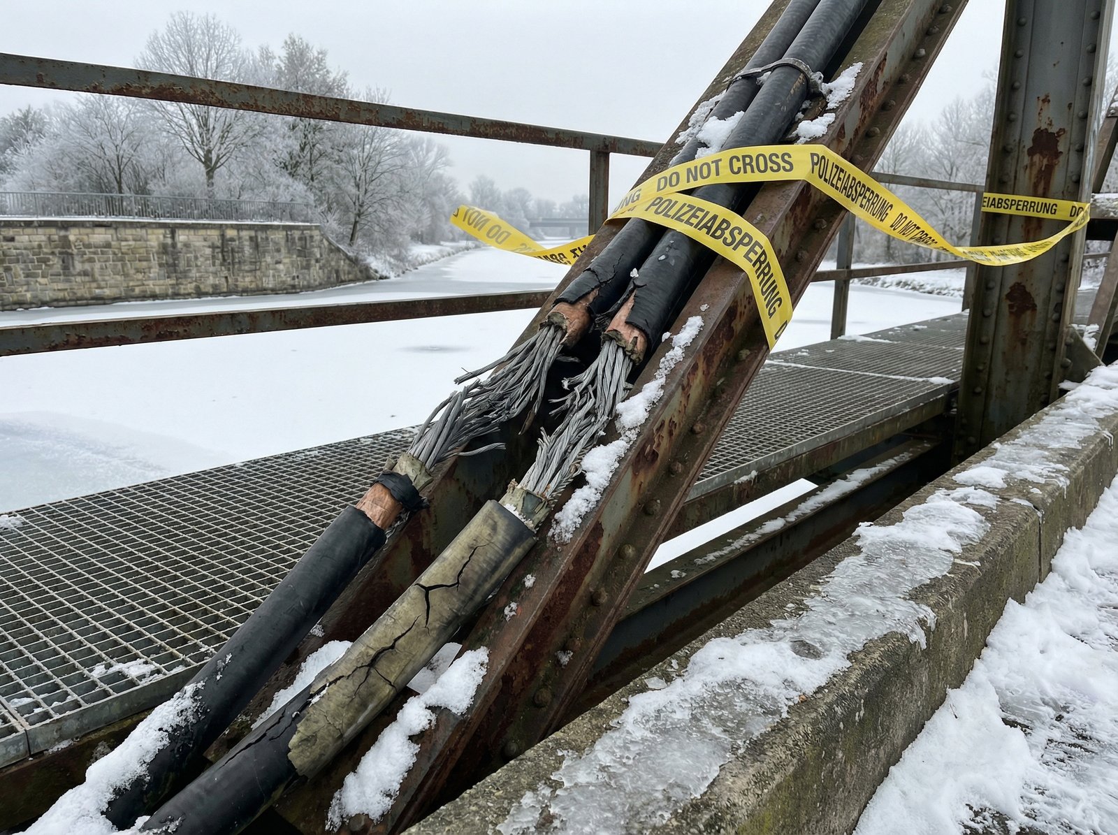 Detailed close-up of damaged industrial power cables on a bridge over a canal in Germany, police yellow tape surrounding the scene, winter lighting with snow patches, professional photography, 4:3