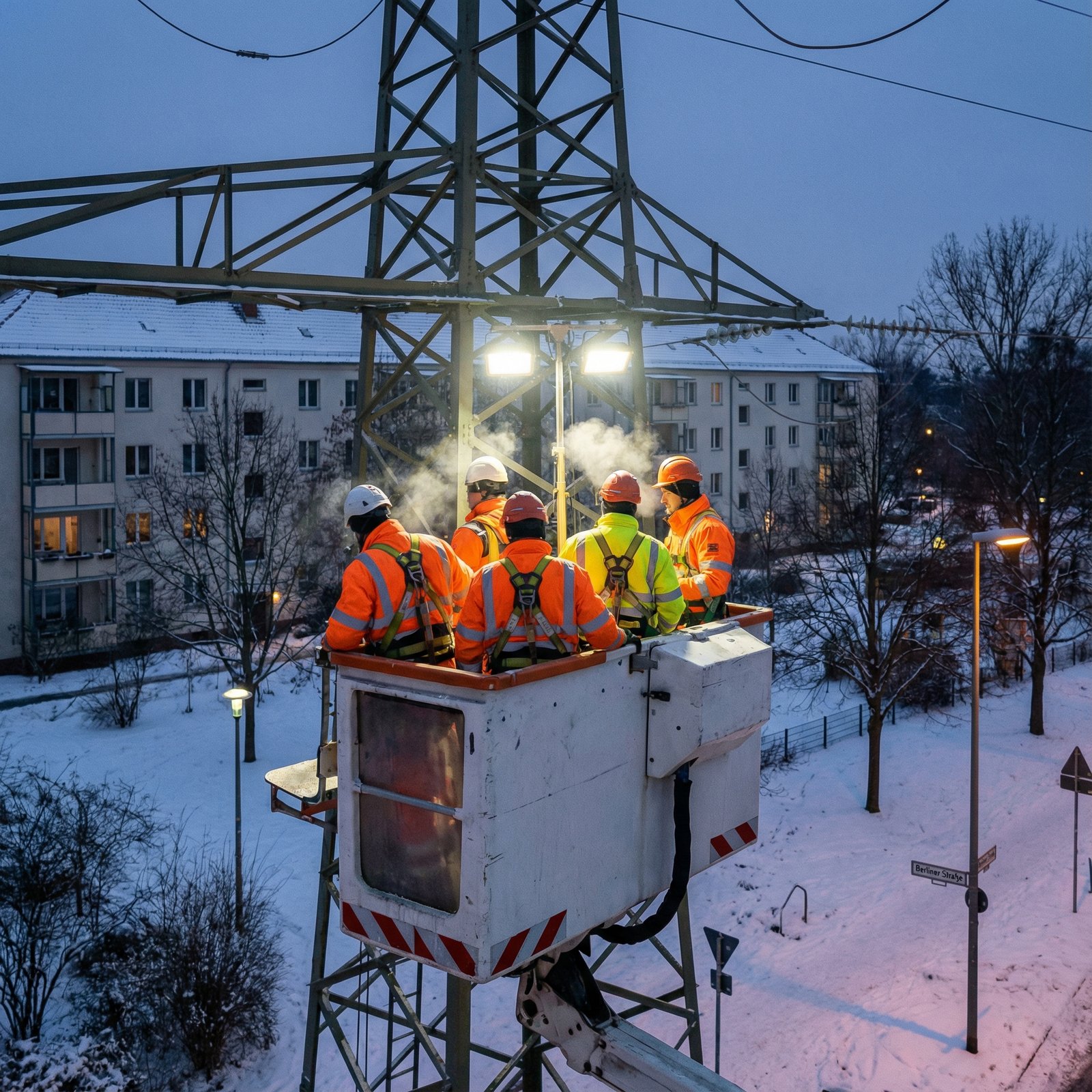 Emergency electrical repair crew working on high voltage power lines at dusk in a snowy Berlin suburb, wearing reflective safety gear, cold breath visible, focused professional atmosphere, 1:1