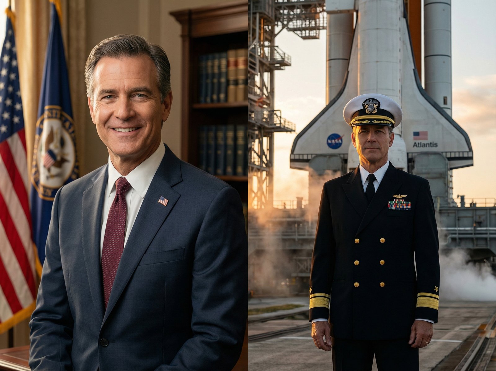 A split-screen composition showing a professional portrait of a male US Senator in a suit on one side and a Navy Captain in uniform with a space shuttle background on the other side, representing a dual career as an astronaut and politician, cinematic lighting, high quality, 4:3 aspect ratio, no text.