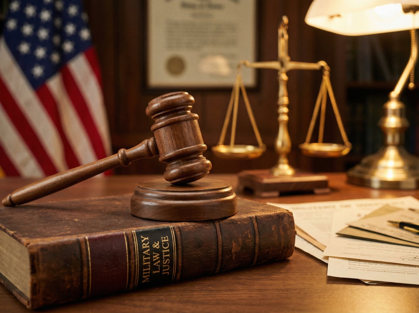 A classic wooden gavel resting on a law book with a golden scale of justice in the blurred background, representing military law and justice, warm indoor lighting, professional photography, 4:3 aspect ratio, no text.