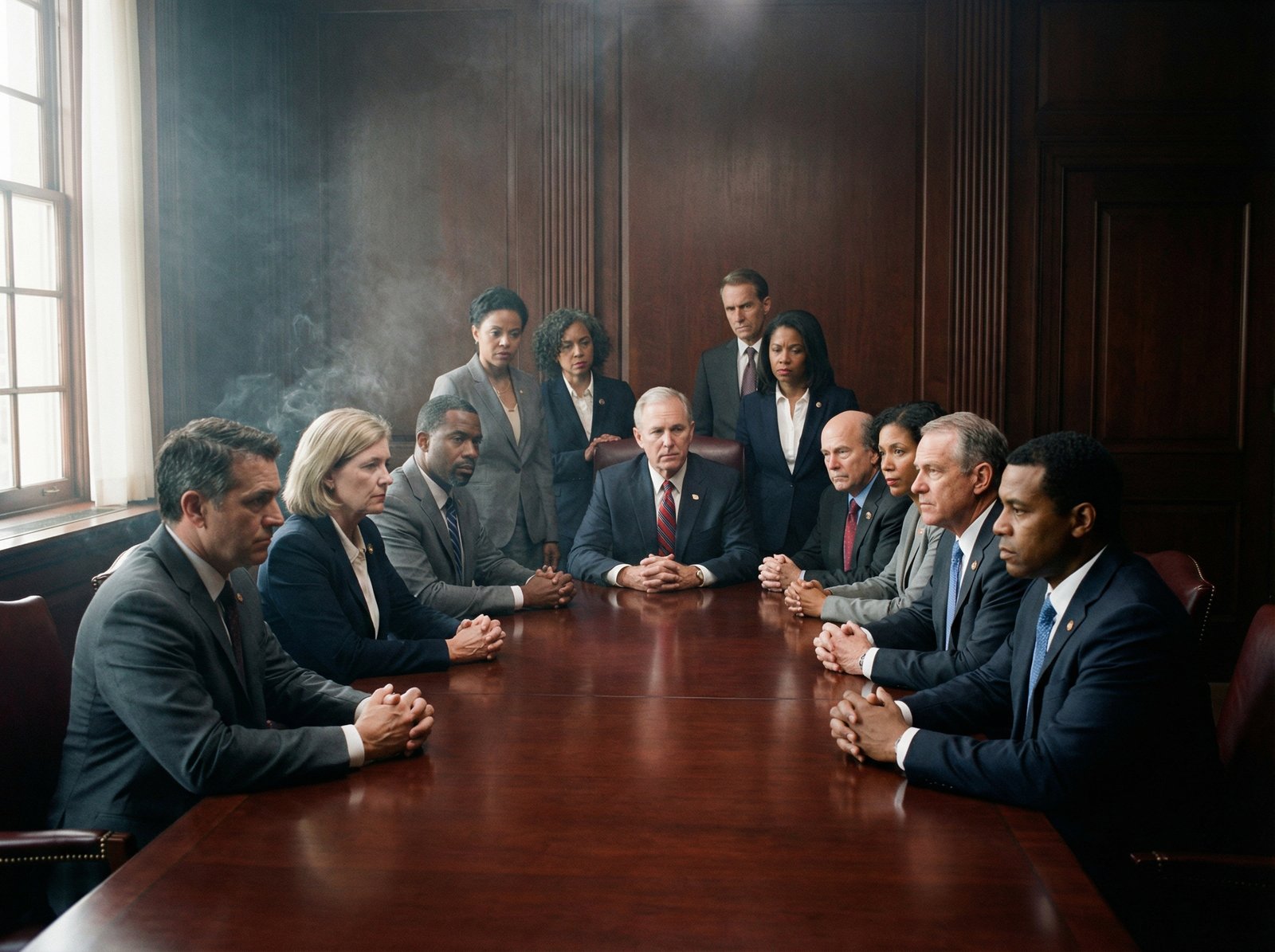A group of diverse politicians in professional suits having a serious discussion in a classic mahogany-paneled room, window light illuminating the scene, expressing tension and gravity, 4:3 aspect ratio, no text.